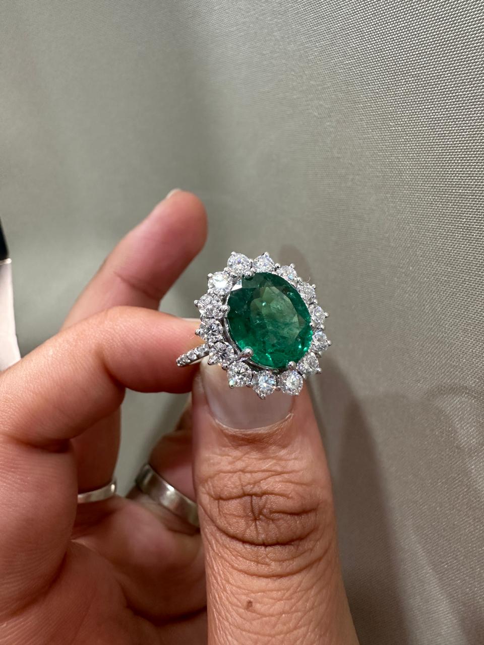 Oval Emerald Sunflower Halo Engagement Ring, Pave Band Statement Ring