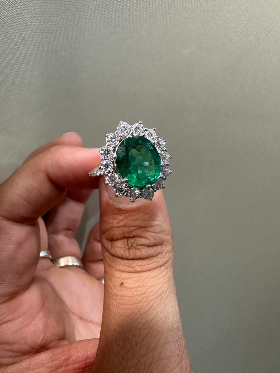 Oval Emerald Sunflower Halo Engagement Ring, Pave Band Statement Ring