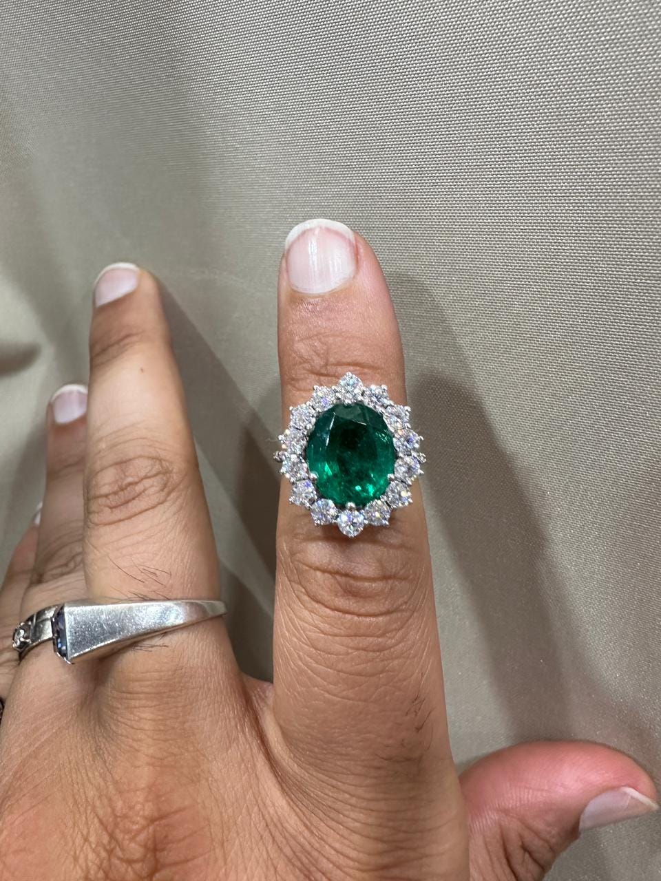 Oval Emerald Sunflower Halo Engagement Ring, Pave Band Statement Ring