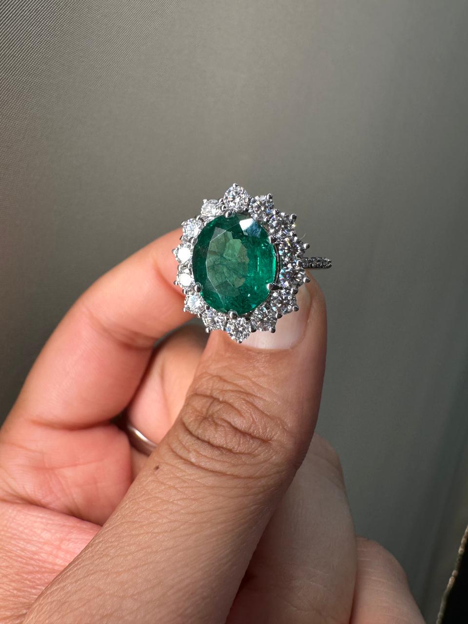 Oval Emerald Sunflower Halo Engagement Ring, Pave Band Statement Ring