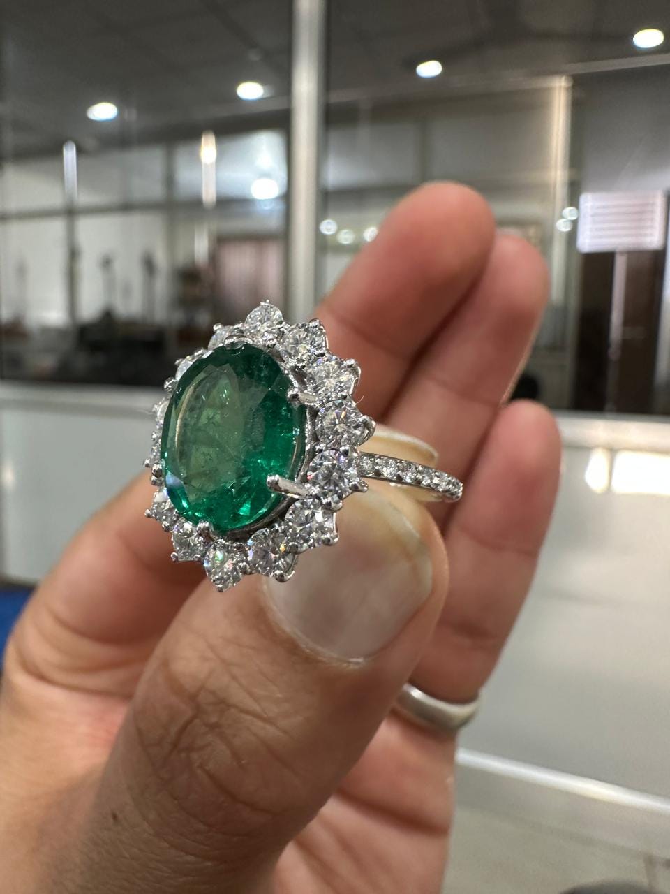 Oval Emerald Sunflower Halo Engagement Ring, Pave Band Statement Ring