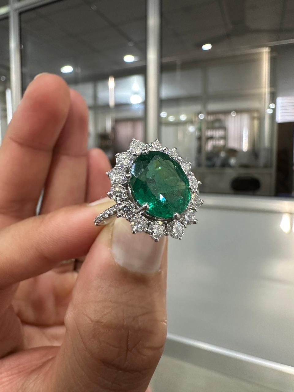 Oval Emerald Sunflower Halo Engagement Ring, Pave Band Statement Ring
