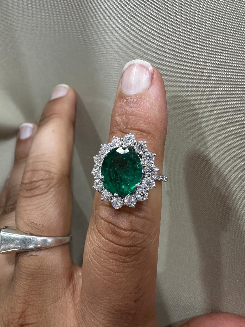 Oval Emerald Sunflower Halo Engagement Ring, Pave Band Statement Ring