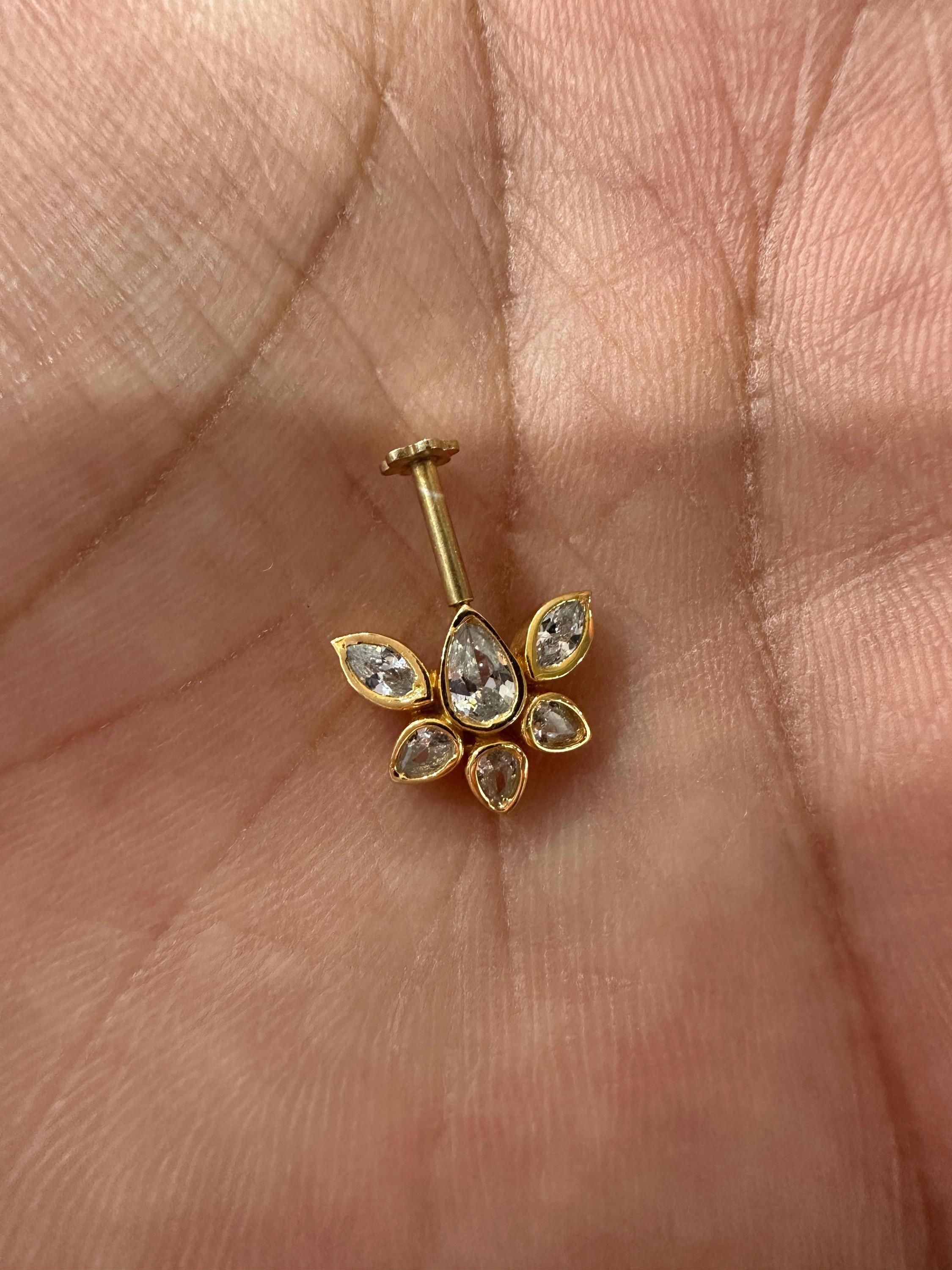 14K Gold Moissanite Floral Cluster Helix Earring, Flat Back Stud Piercing Jewelry