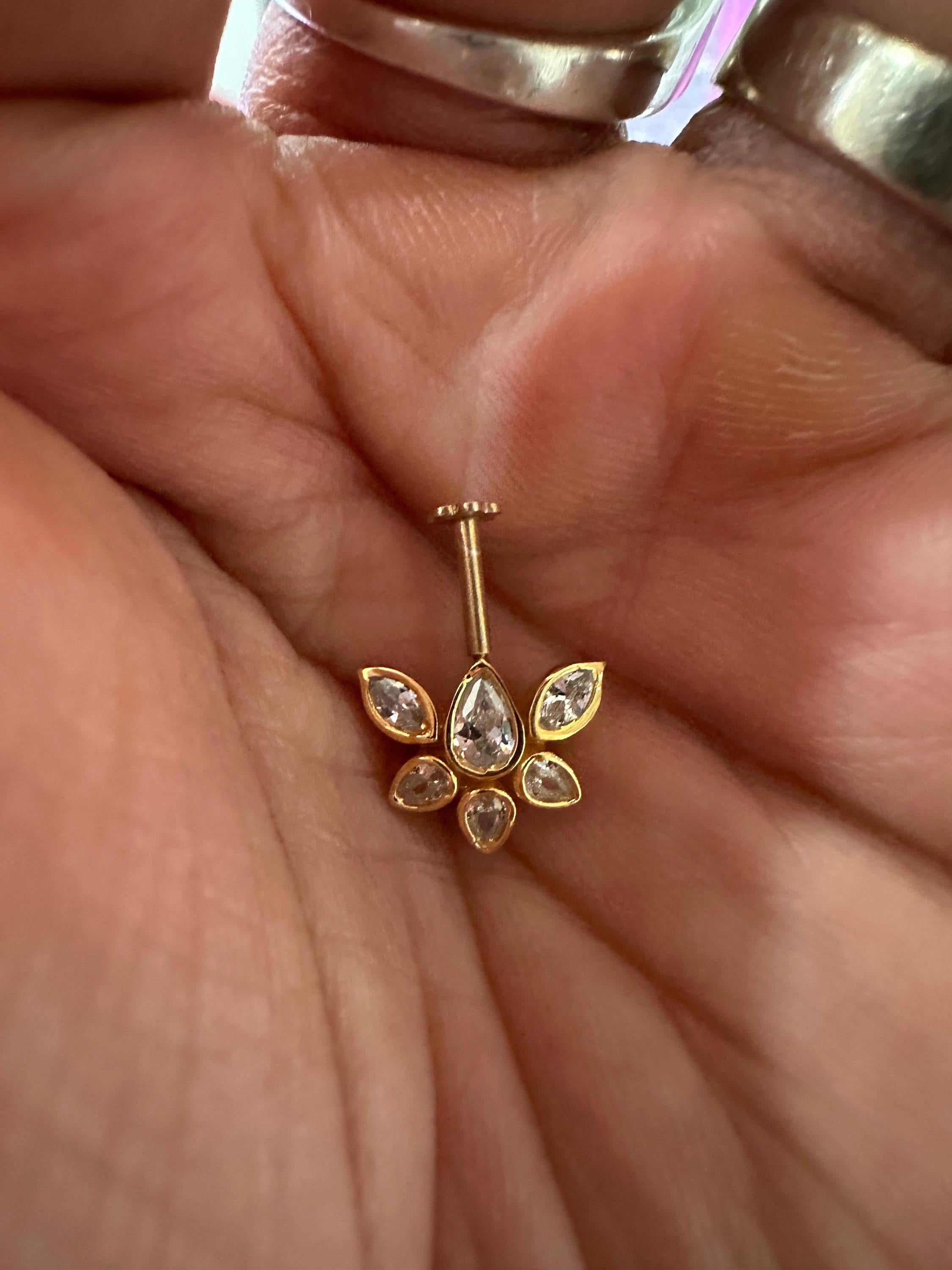 14K Gold Moissanite Floral Cluster Helix Earring, Flat Back Stud Piercing Jewelry
