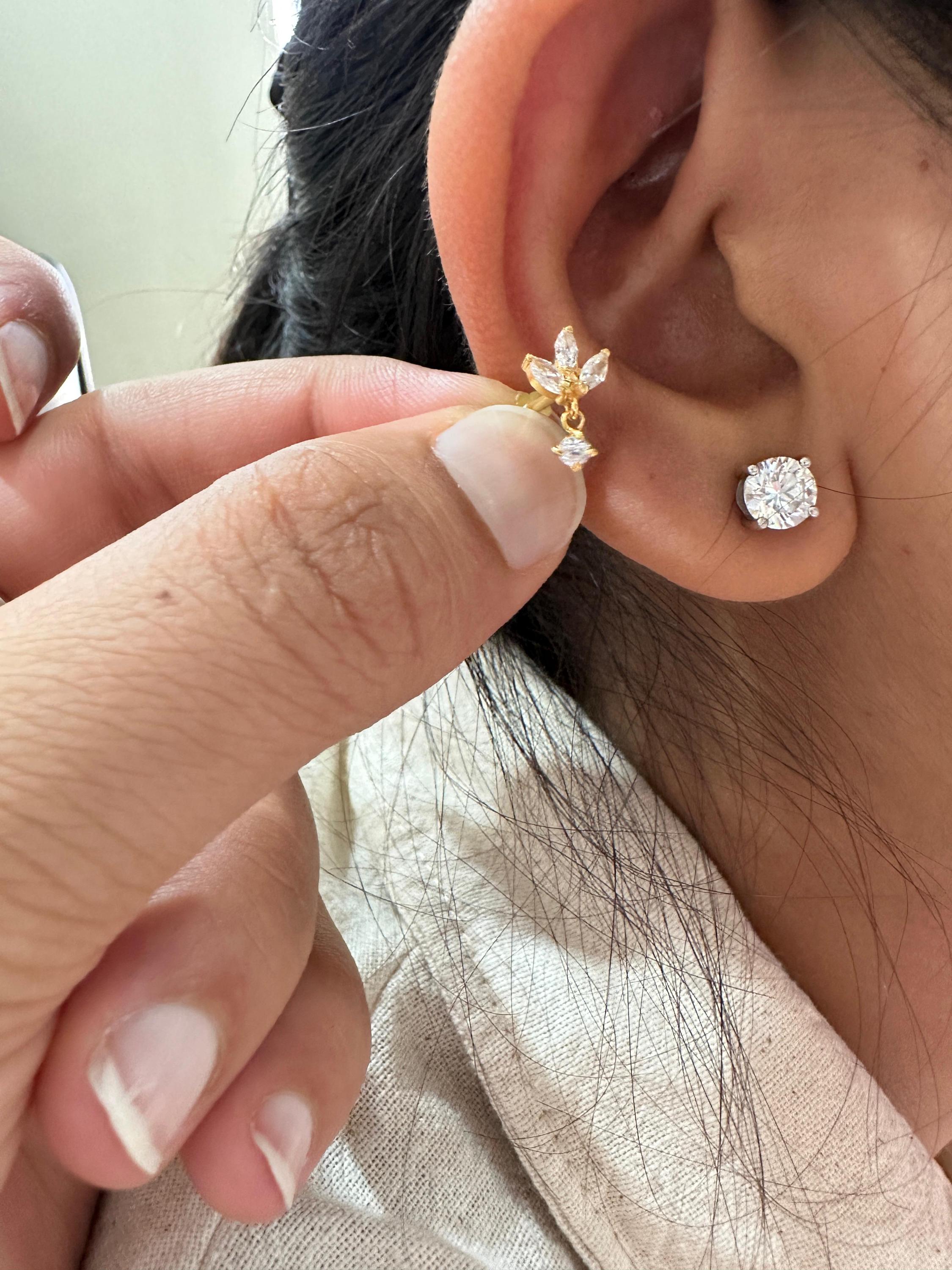 14K Gold Marquise Moissanite Floral Stud Earrings, Screw Back Dainty Drop