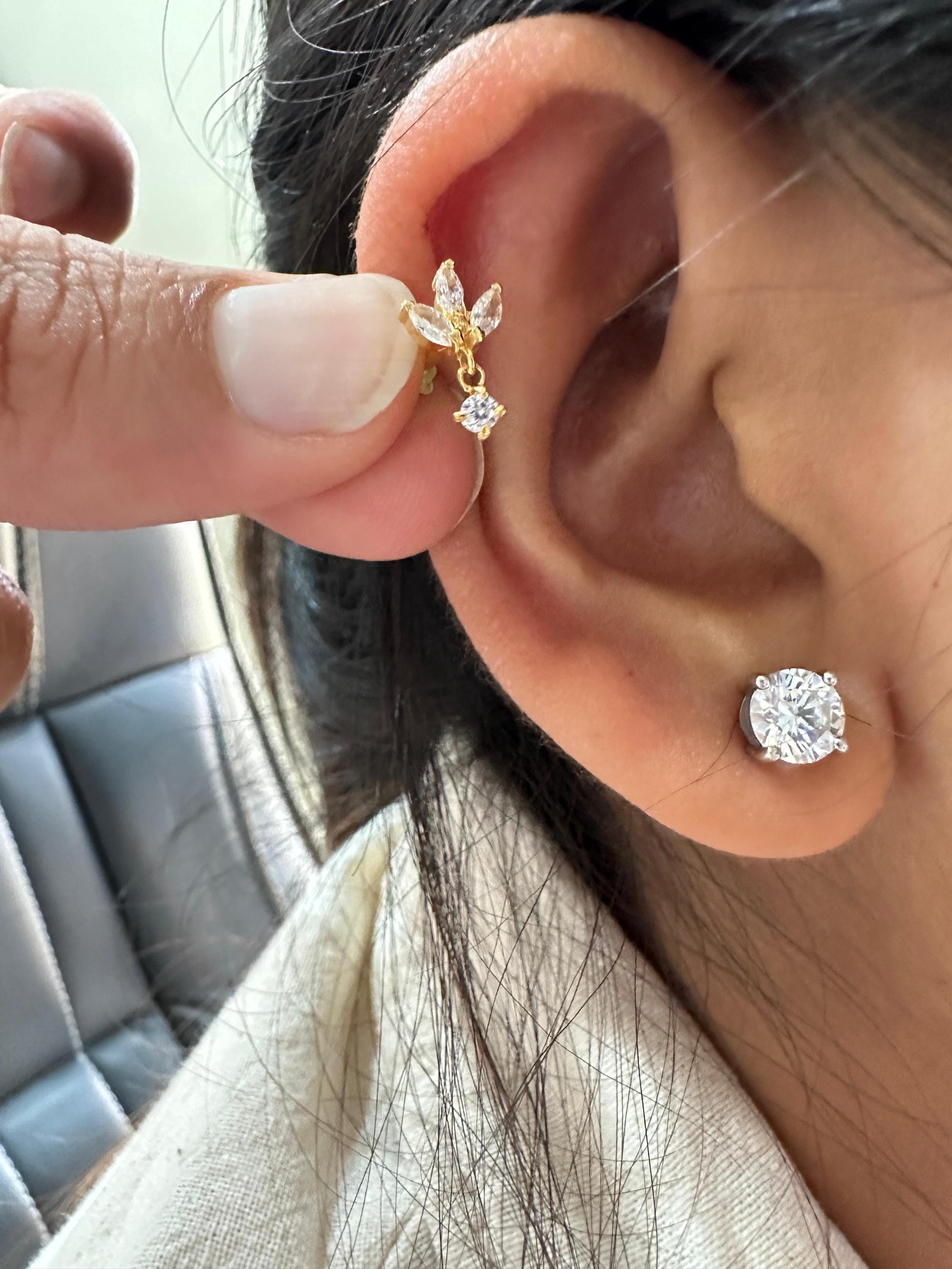 14K Gold Marquise Moissanite Floral Stud Earrings, Screw Back Dainty Drop