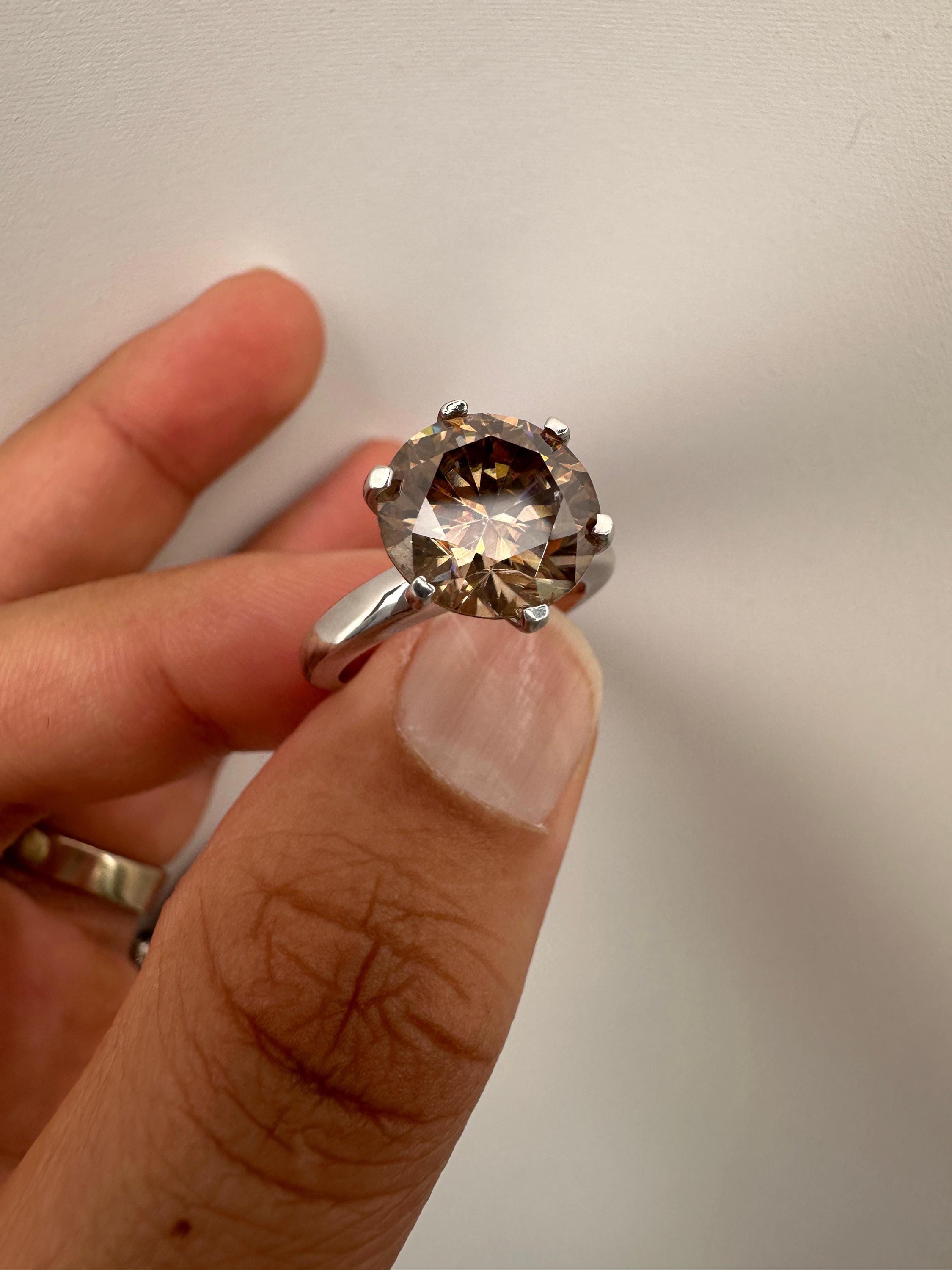 6 CT Champagne Moissanite Engagement Ring, 14K White Gold Round Solitaire Statement Ring