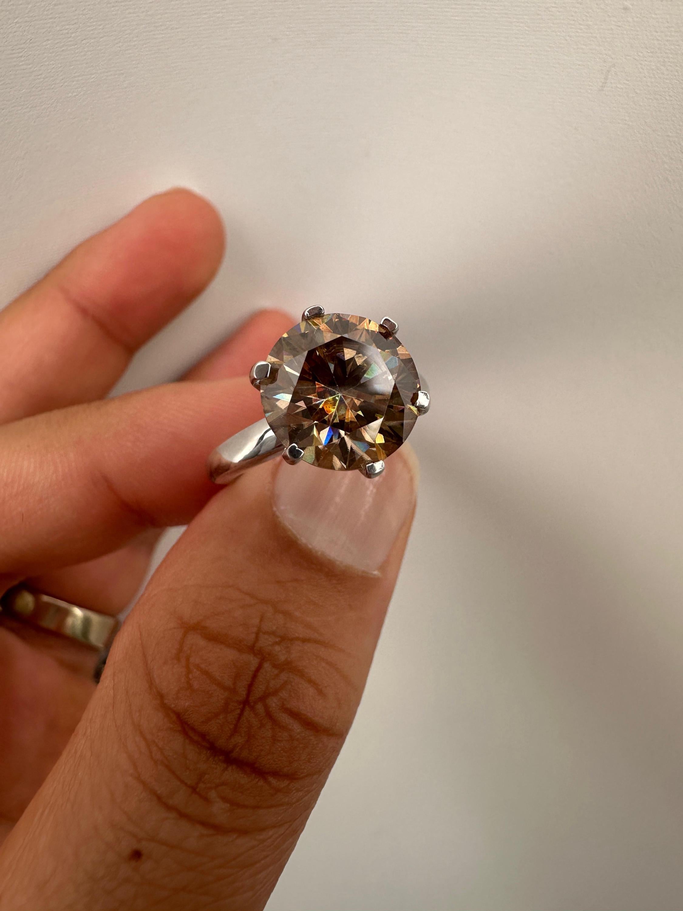 6 CT Champagne Moissanite Engagement Ring, 14K White Gold Round Solitaire Statement Ring