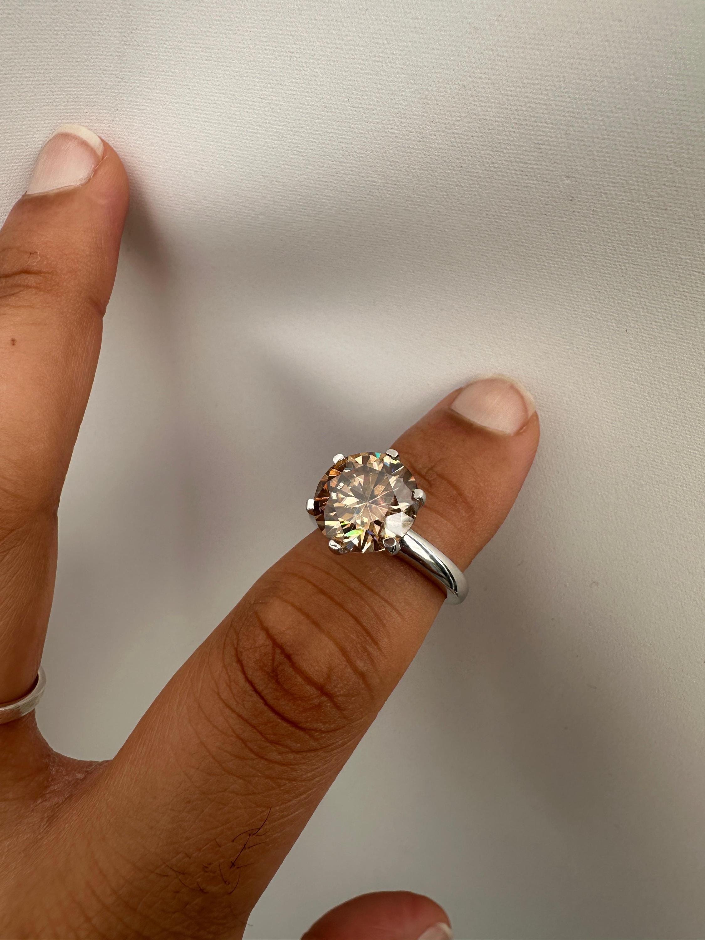6 CT Champagne Moissanite Engagement Ring, 14K White Gold Round Solitaire Statement Ring