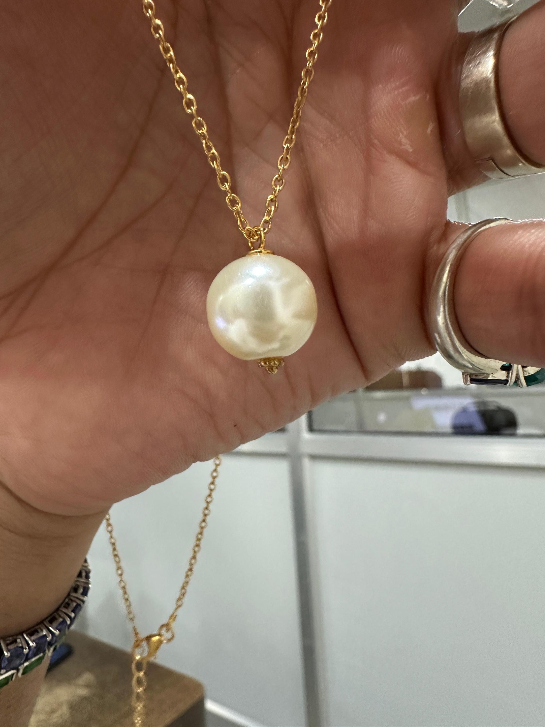 Round Pearl Pendant Necklace, Gold Vermeil 925 Silver, Minimal Classic Jewelry