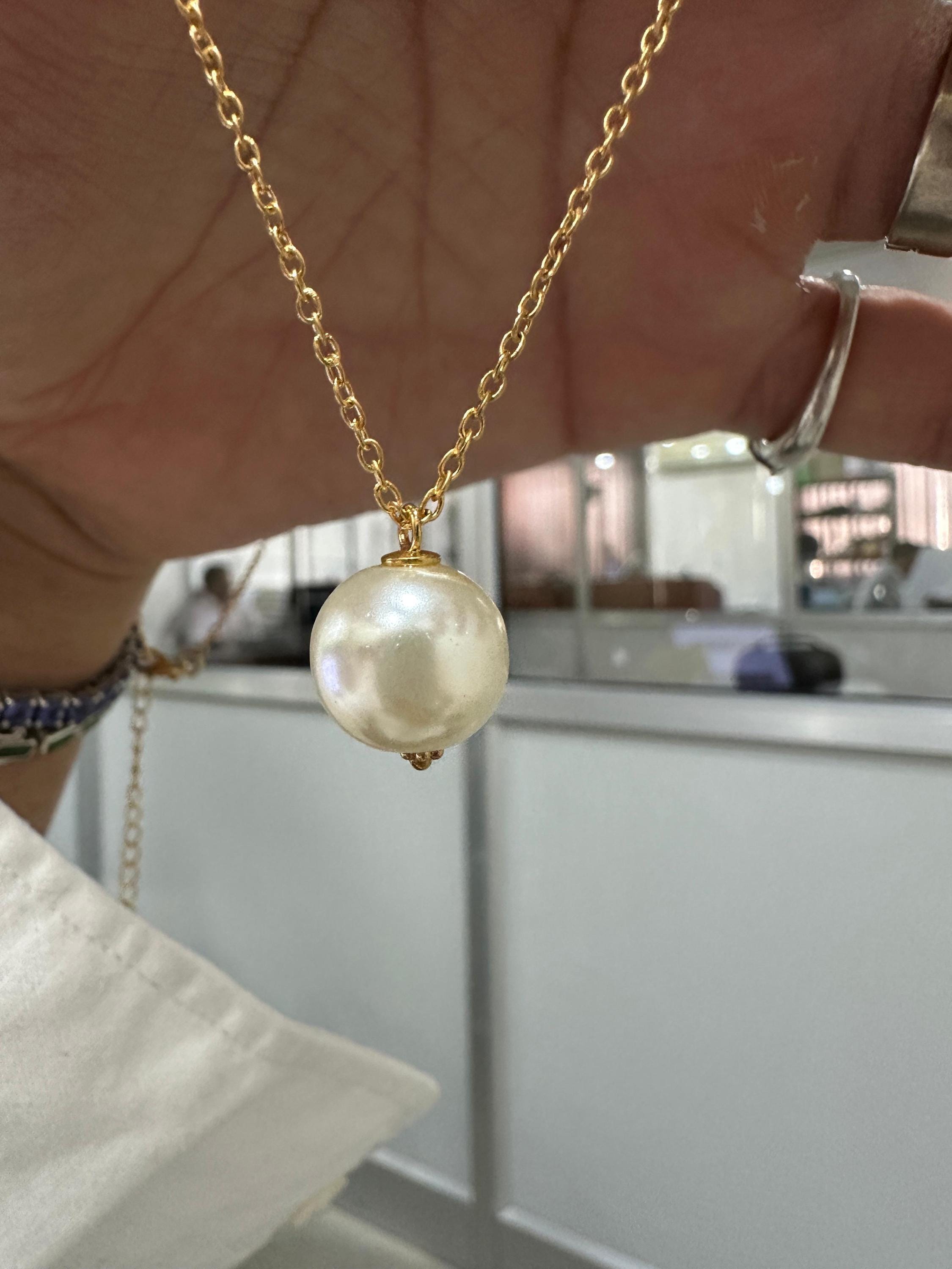 Round Pearl Pendant Necklace, Gold Vermeil 925 Silver, Minimal Classic Jewelry
