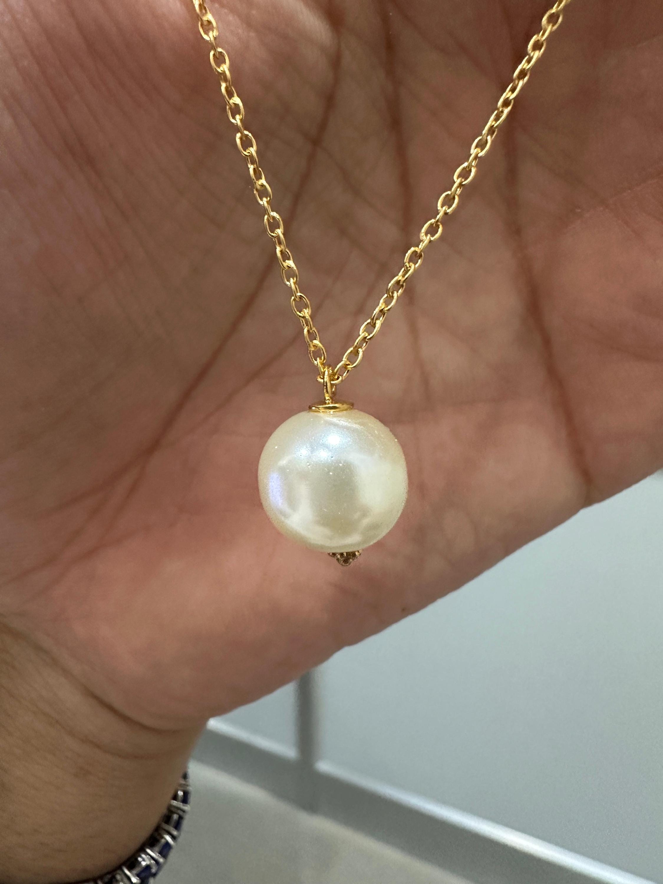 Round Pearl Pendant Necklace, Gold Vermeil 925 Silver, Minimal Classic Jewelry