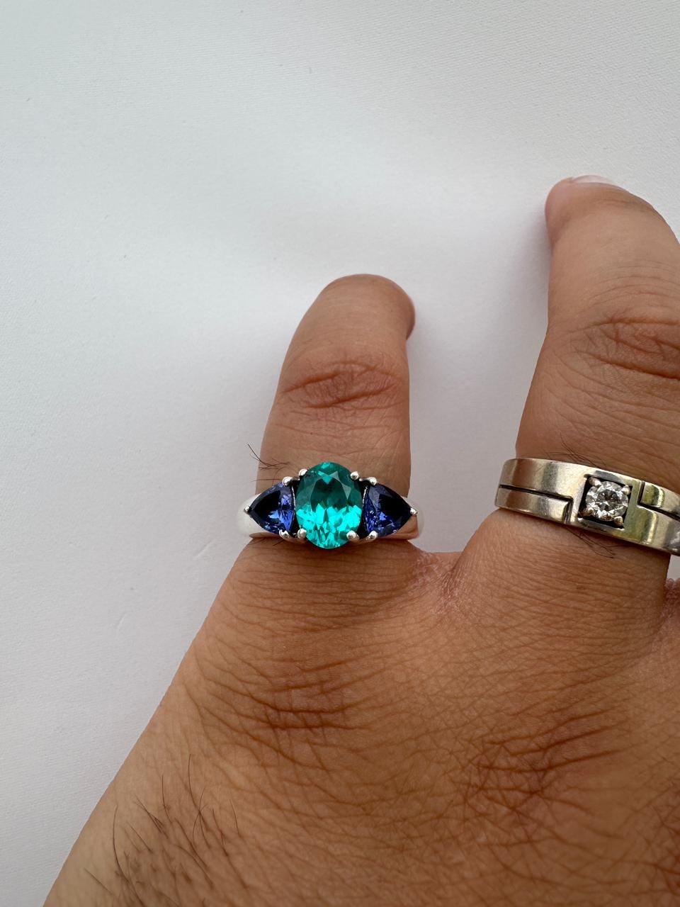 Ocean Paraiba Tanzanite Engagement Ring, 14K White Gold Three-Stone Blue Gemstone Ring