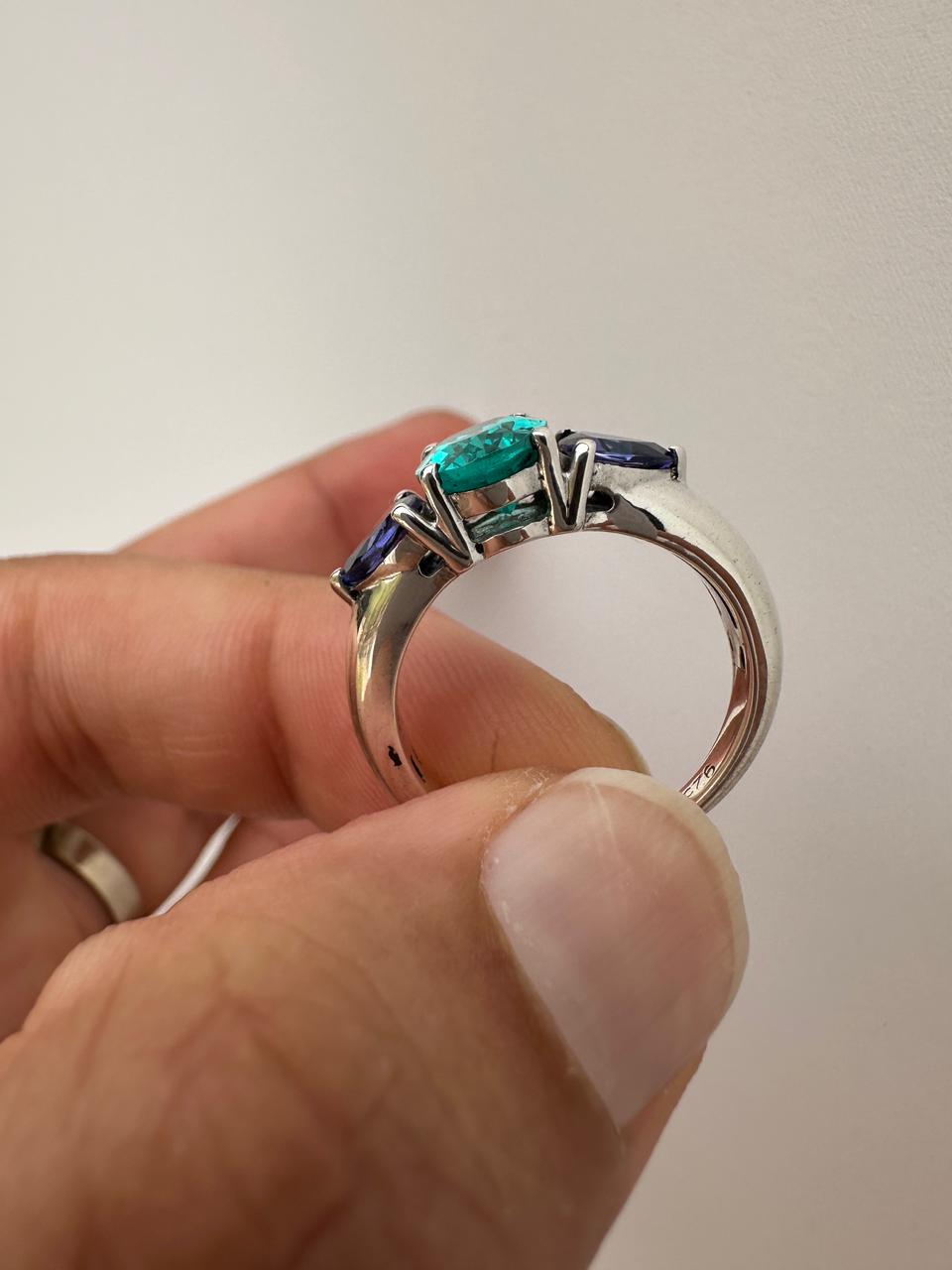 Ocean Paraiba Tanzanite Engagement Ring, 14K White Gold Three-Stone Blue Gemstone Ring