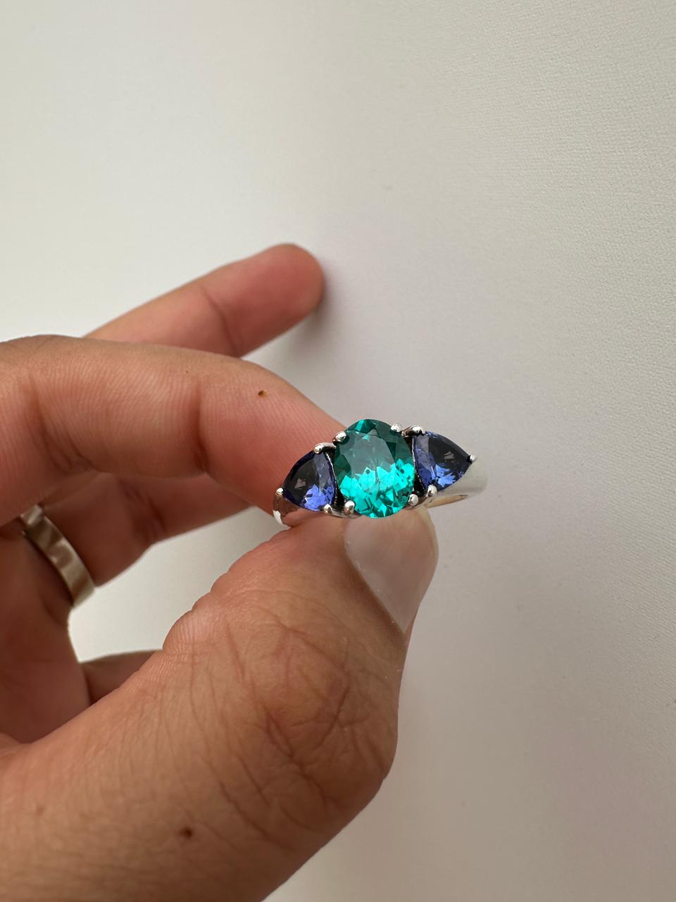 Ocean Paraiba Tanzanite Engagement Ring, 14K White Gold Three-Stone Blue Gemstone Ring