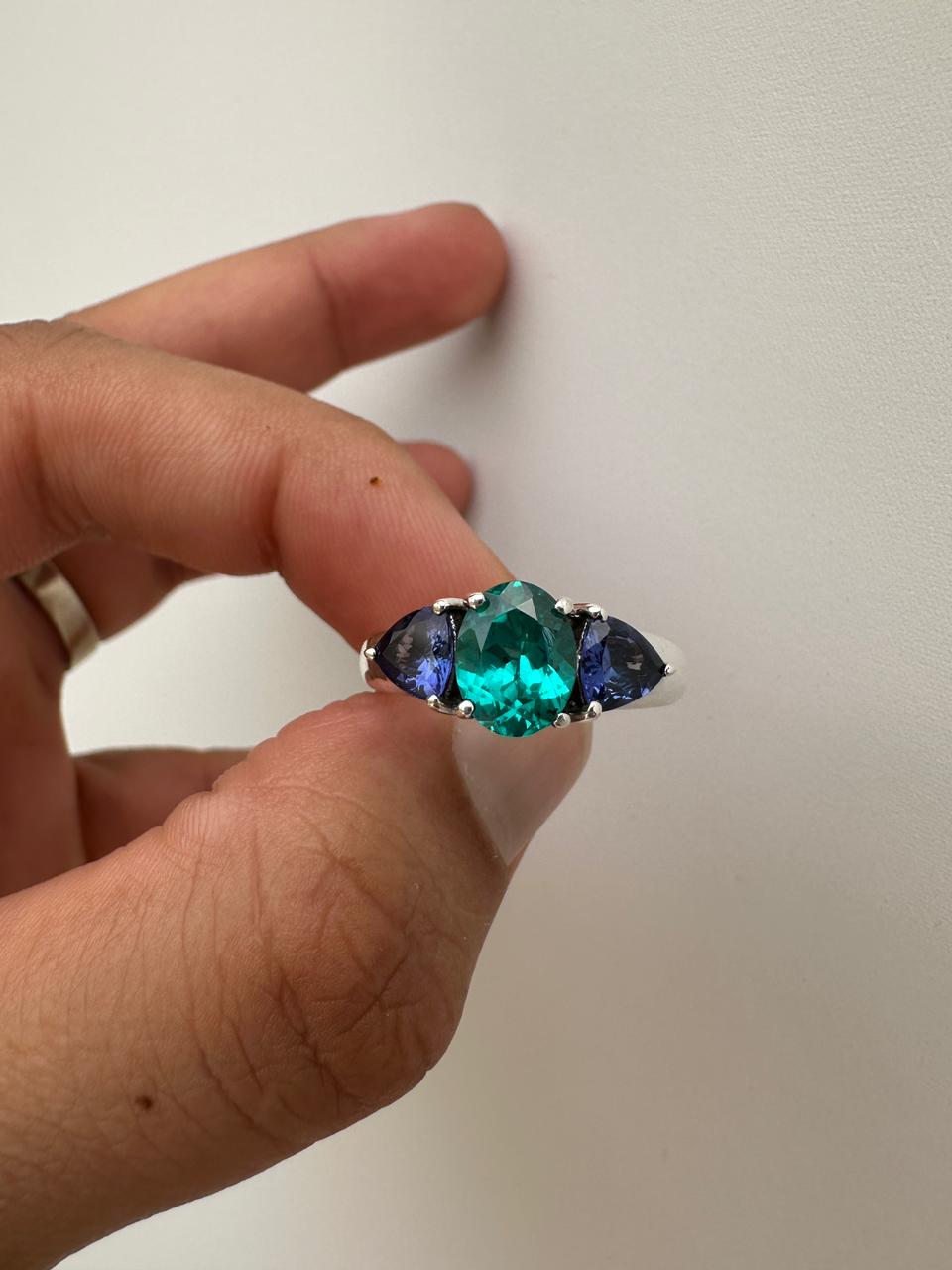 Ocean Paraiba Tanzanite Engagement Ring, 14K White Gold Three-Stone Blue Gemstone Ring