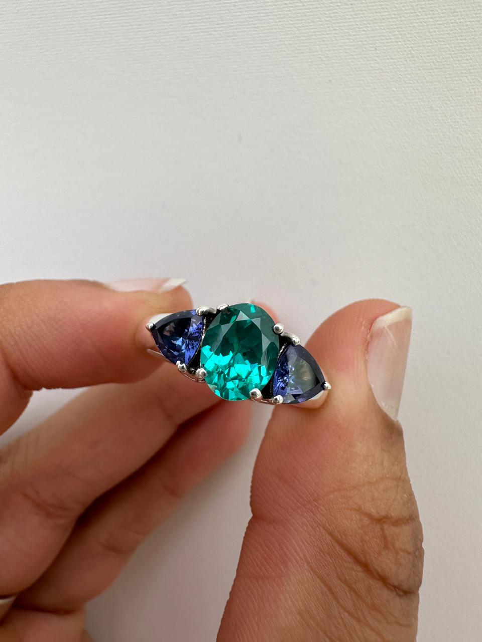 Ocean Paraiba Tanzanite Engagement Ring, 14K White Gold Three-Stone Blue Gemstone Ring