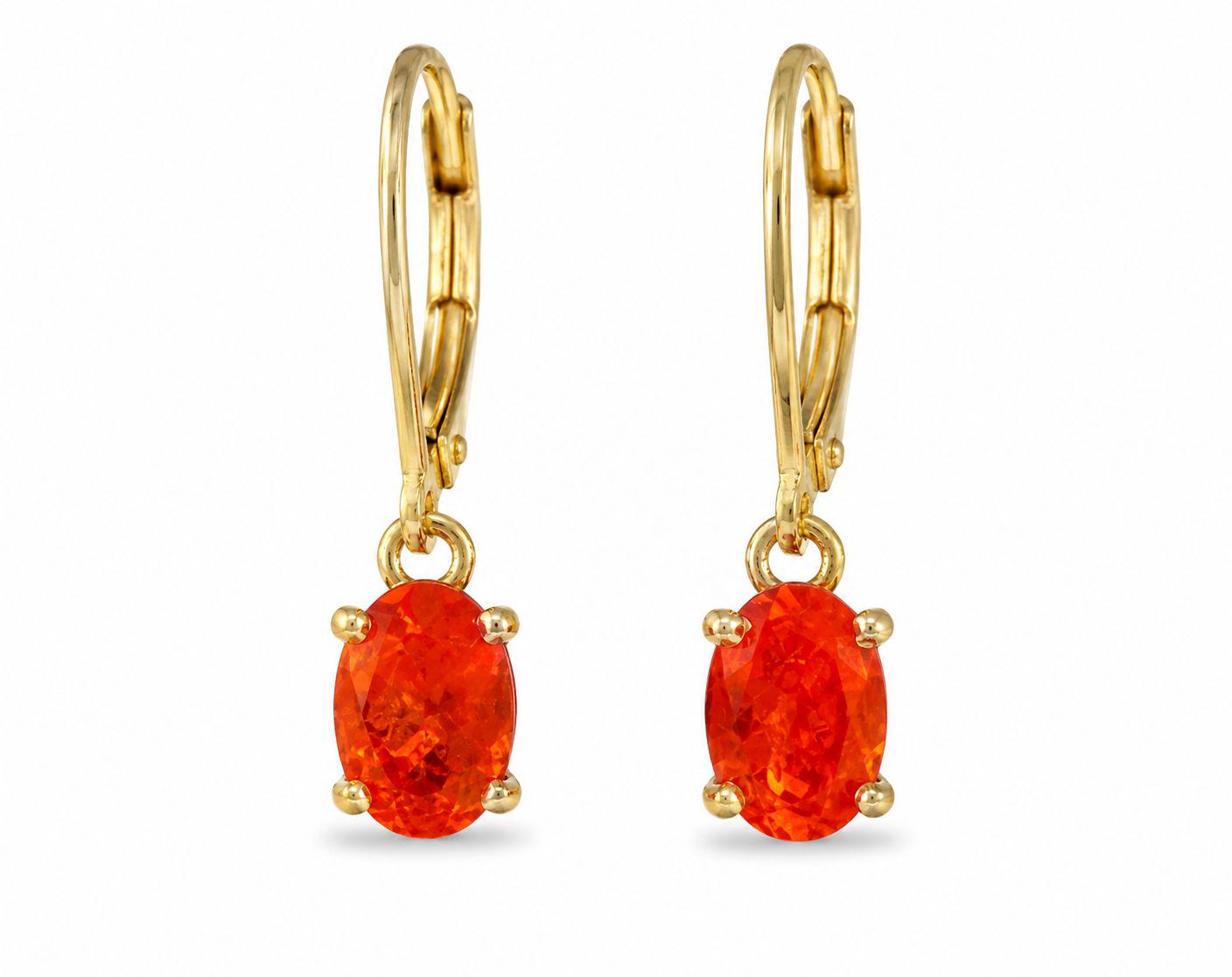 14K Gold Natural Fire Opal Drop Earrings, October Birthstone Lever Back Jewelry