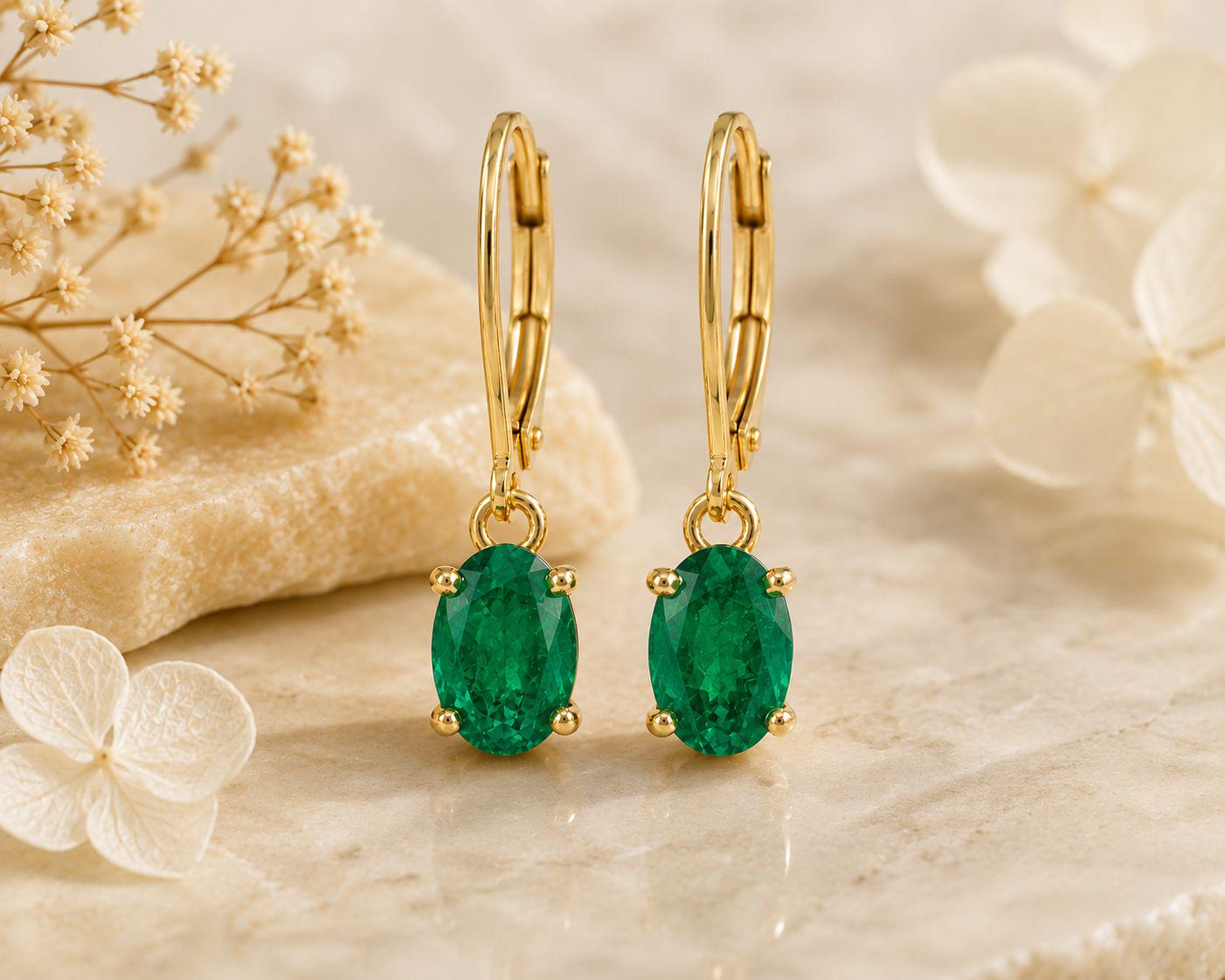 14K Gold Oval Emerald Drop Earrings, Lab Colombian Gemstone Lever Back Jewelry