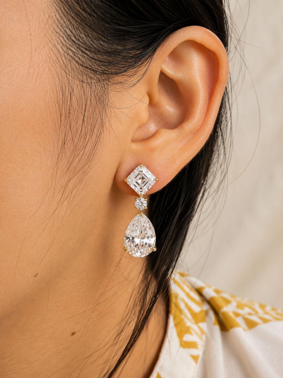 14K Gold Moissanite Drop Bridal Earrings, Pear Asscher drop studs, Statement Wedding Jewelry