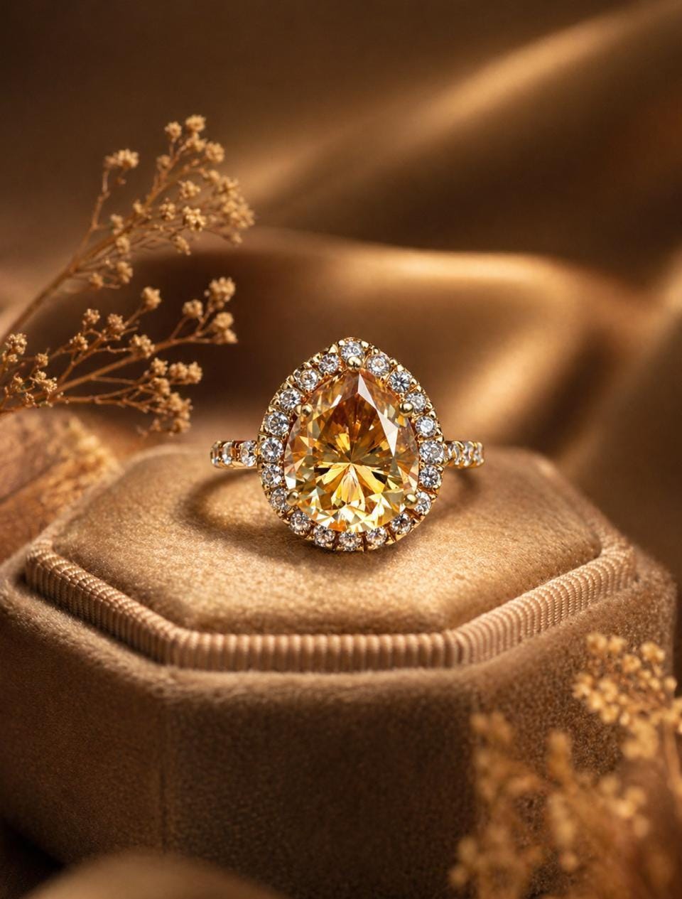 4 CT Yellow Moissanite Engagement Ring, 14k Gold Vermeil Halo Statement Ring for gift