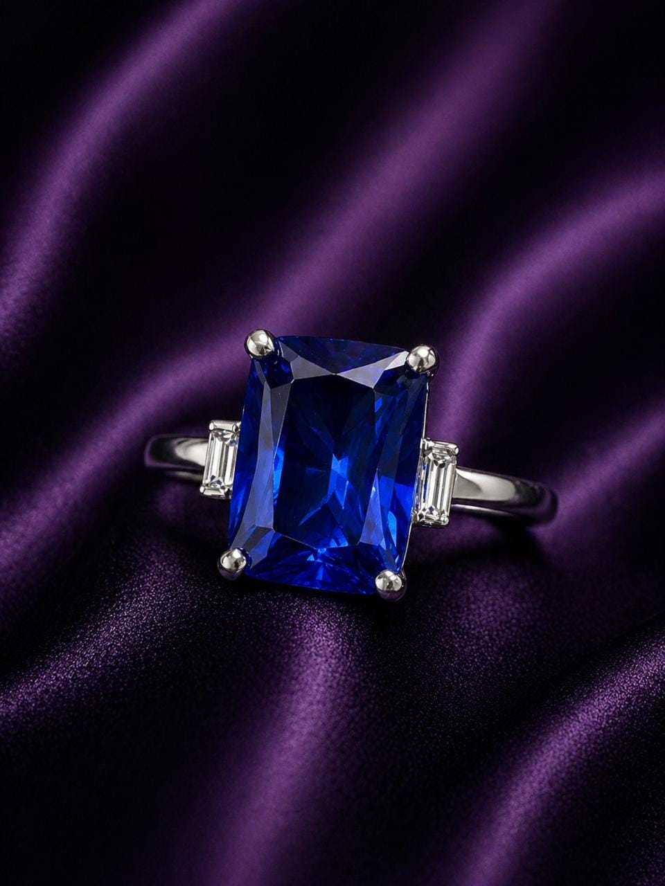 Emerald Cut Lab Sapphire Ring, Three Stone Baguette Moissanite, 14K White Gold Engagement Ring