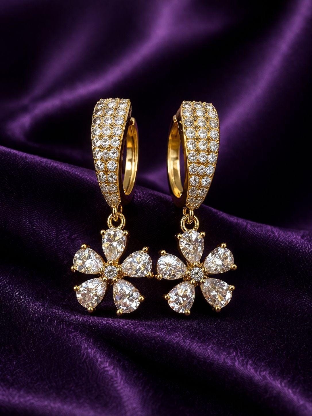 Luxury Moissanite Flower Hoop Drop Earrings, Unique Pear Cut Bridal Jewelry