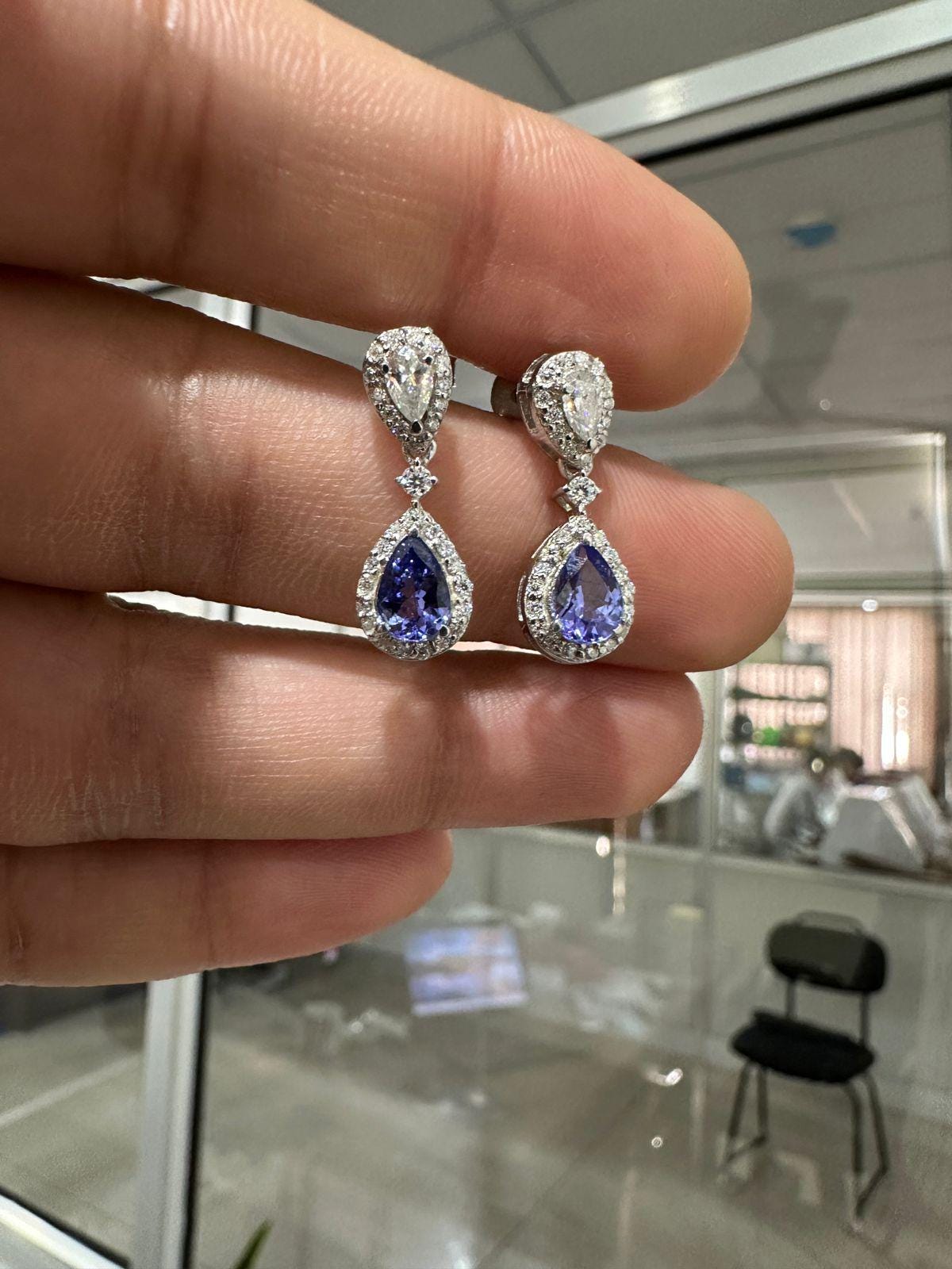 Natural Tanzanite Halo Drop Earrings, 14K White Gold, Pear Cut Moissanite Bridal Jewelry