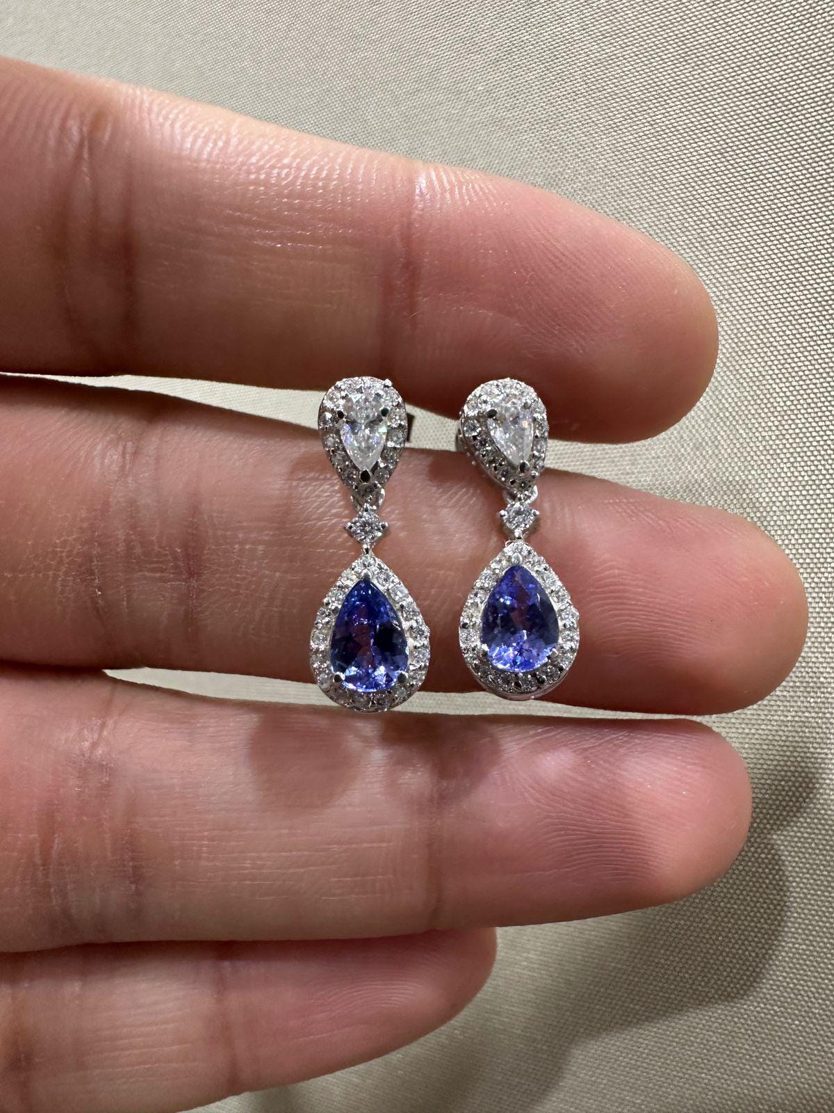 Natural Tanzanite Halo Drop Earrings, 14K White Gold, Pear Cut Moissanite Bridal Jewelry