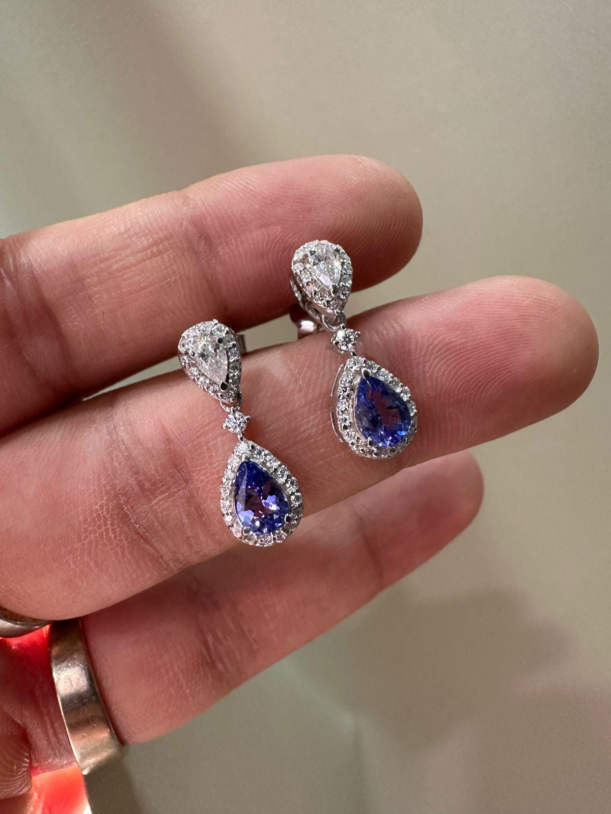 Natural Tanzanite Halo Drop Earrings, 14K White Gold, Pear Cut Moissanite Bridal Jewelry