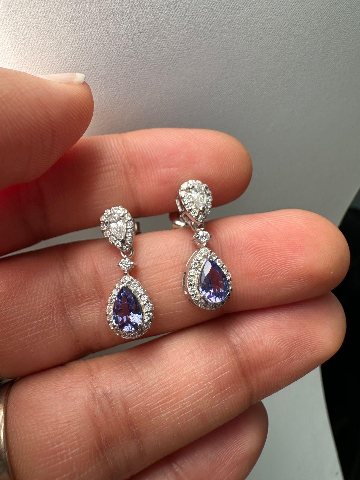 Natural Tanzanite Halo Drop Earrings, 14K White Gold, Pear Cut Moissanite Bridal Jewelry