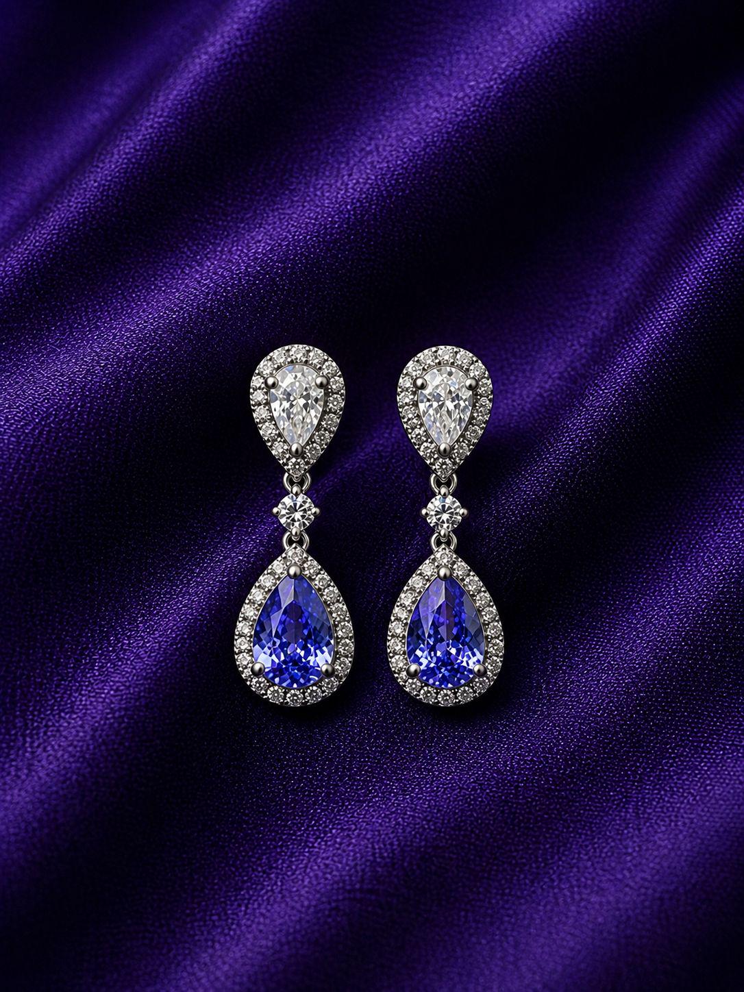 Natural Tanzanite Halo Drop Earrings, 14K White Gold, Pear Cut Moissanite Bridal Jewelry