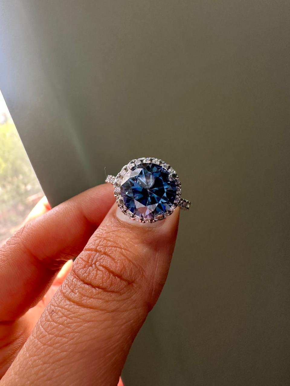 4 CT Blue Alexandrite Moissanite Engagement Ring | 14K White Gold Halo, Pave Band