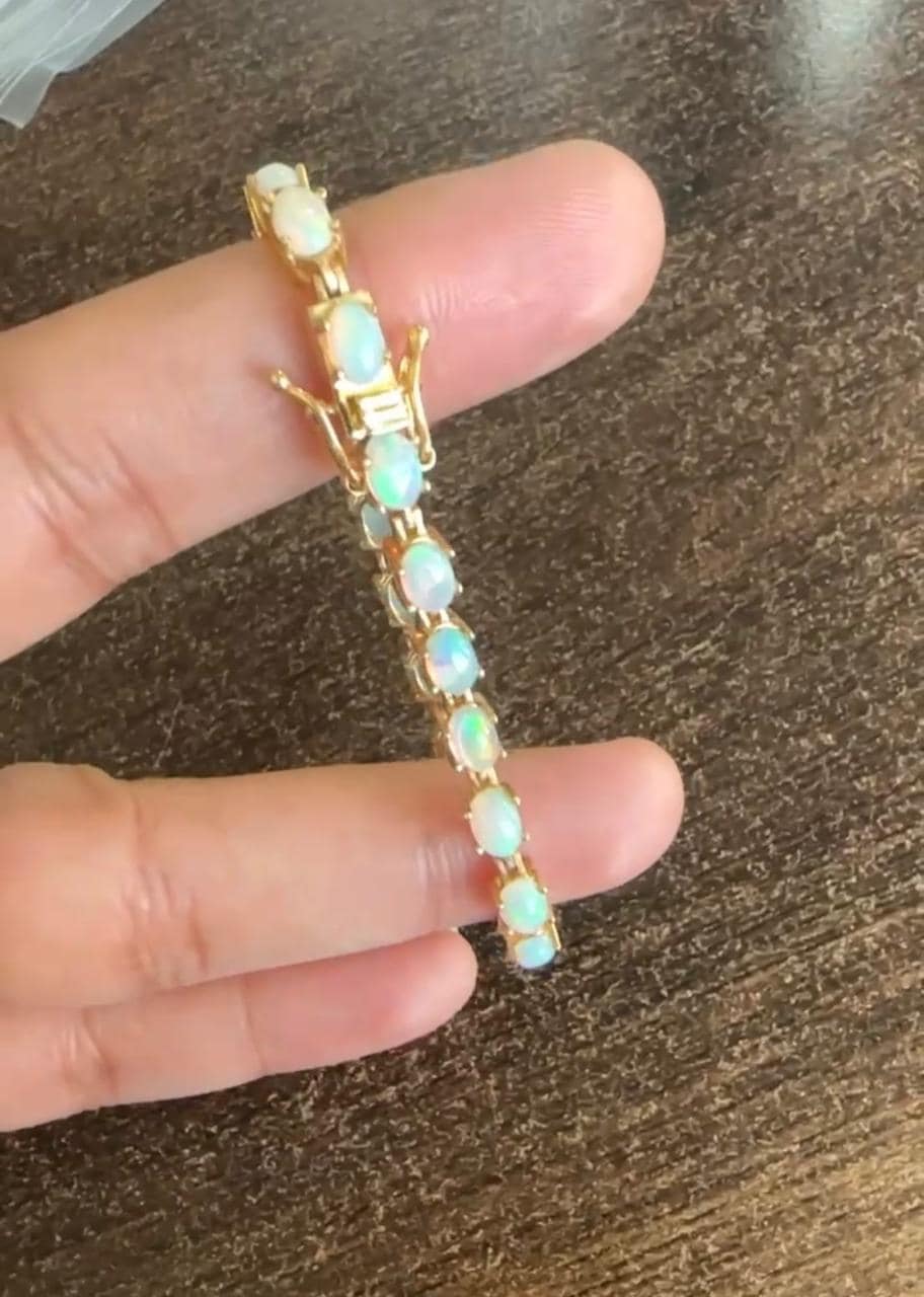 14K Gold Natural Opal Tennis Bracelet, Rainbow Fire Gemstone Jewelry, October Birthstone