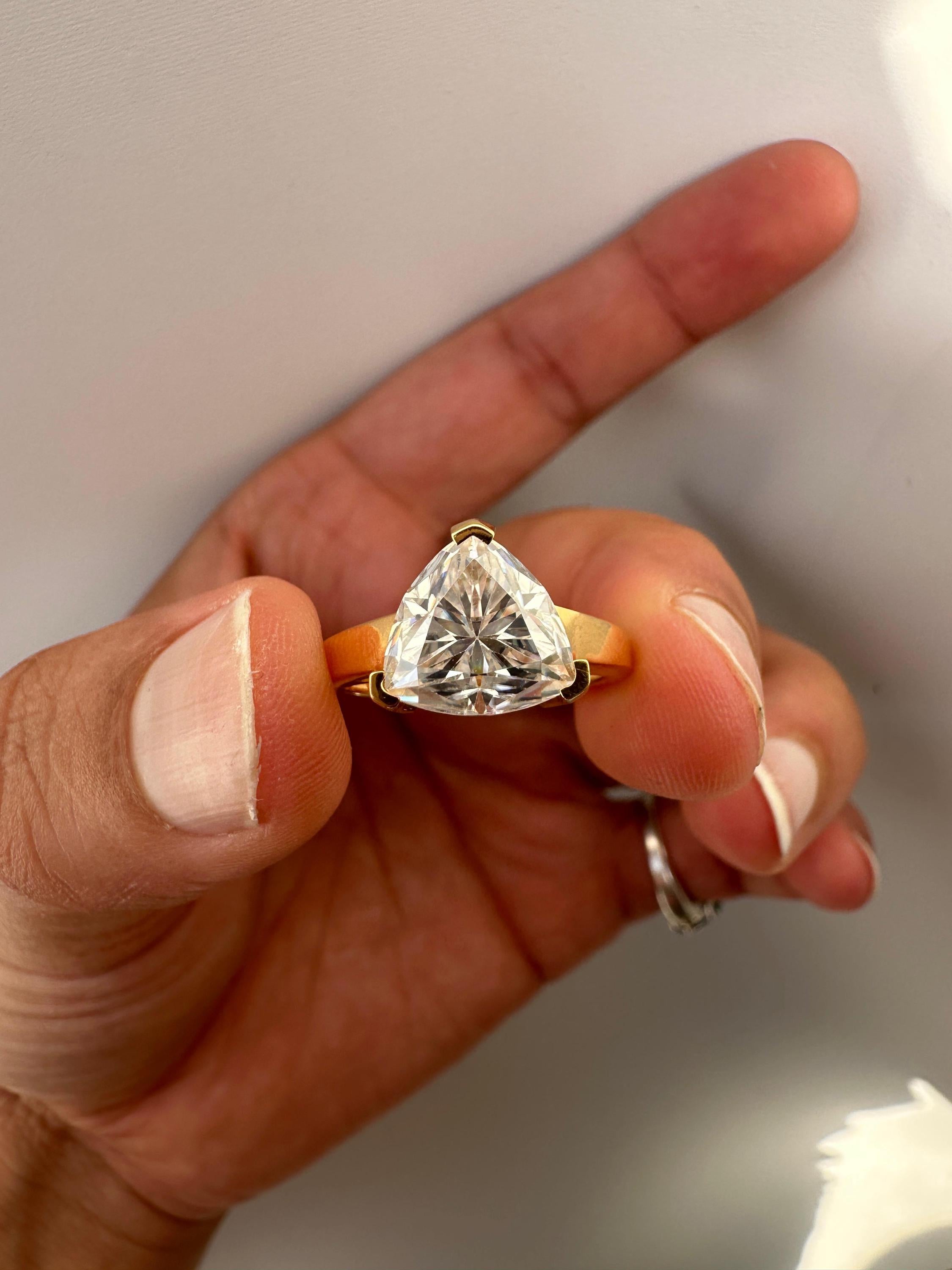 3 Carat Trillion Moissanite Engagement Ring, 14K Yellow Gold Modern Statement Ring