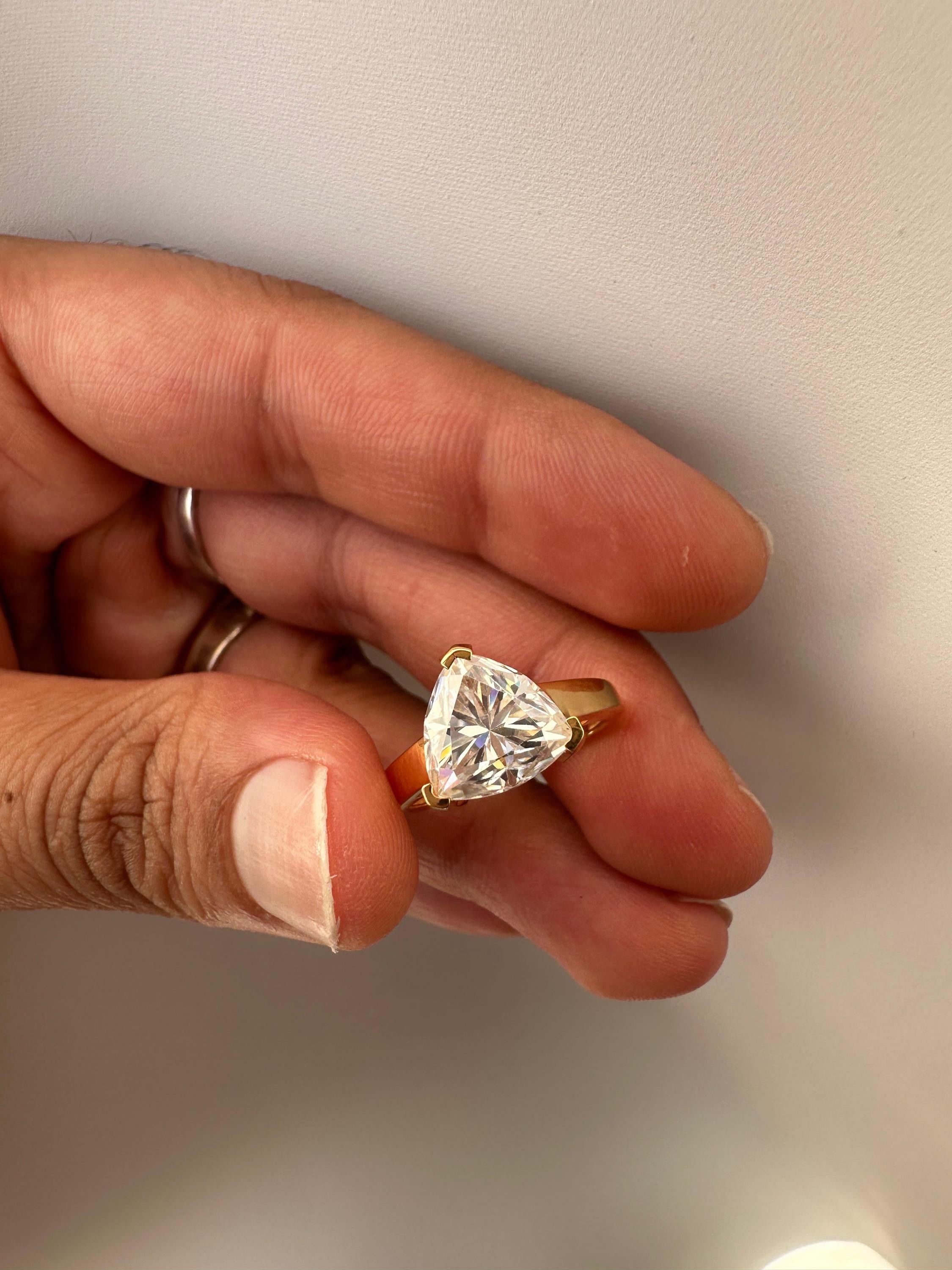 3 Carat Trillion Moissanite Engagement Ring, 14K Yellow Gold Modern Statement Ring