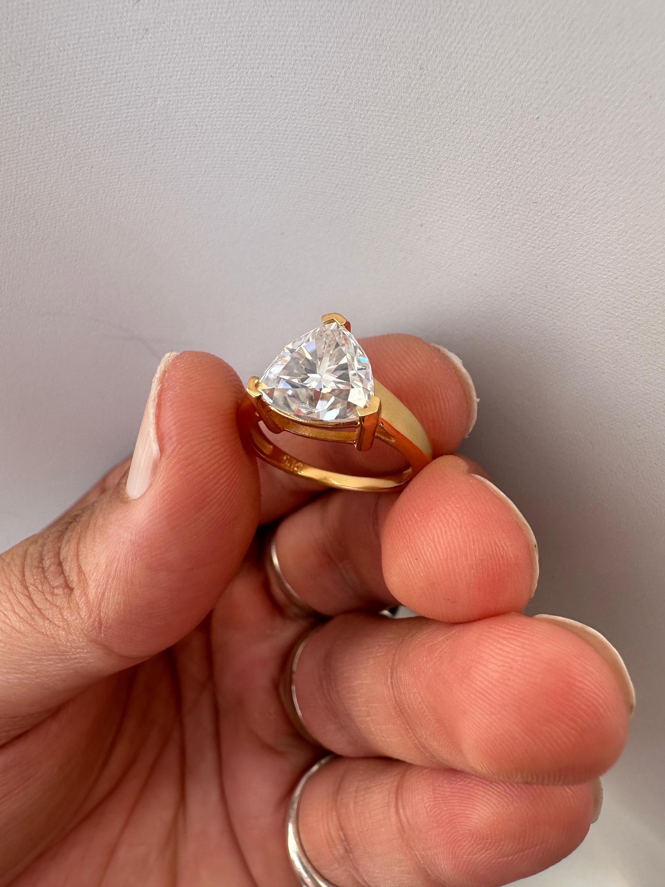 3 Carat Trillion Moissanite Engagement Ring, 14K Yellow Gold Modern Statement Ring