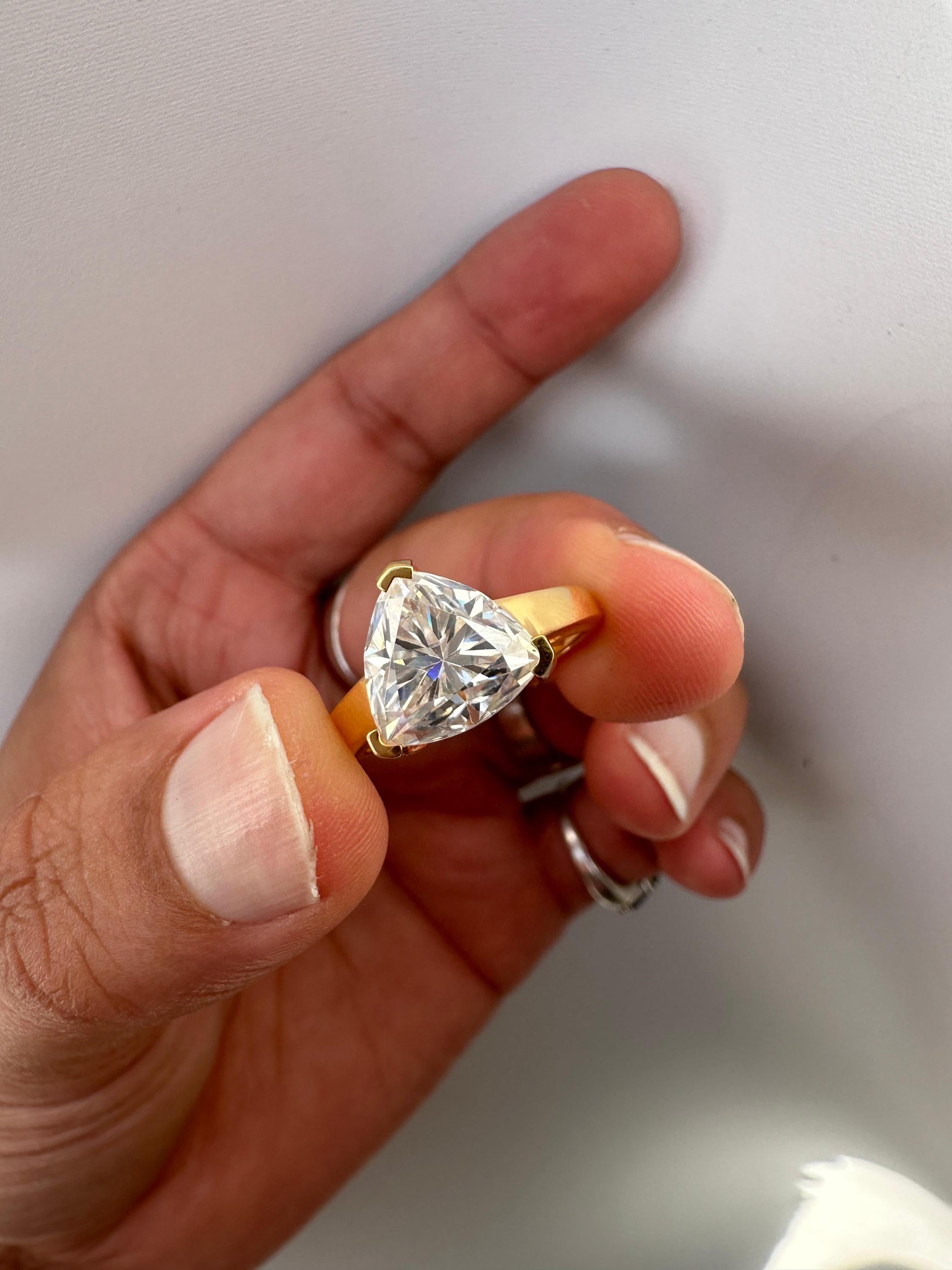 3 Carat Trillion Moissanite Engagement Ring, 14K Yellow Gold Modern Statement Ring