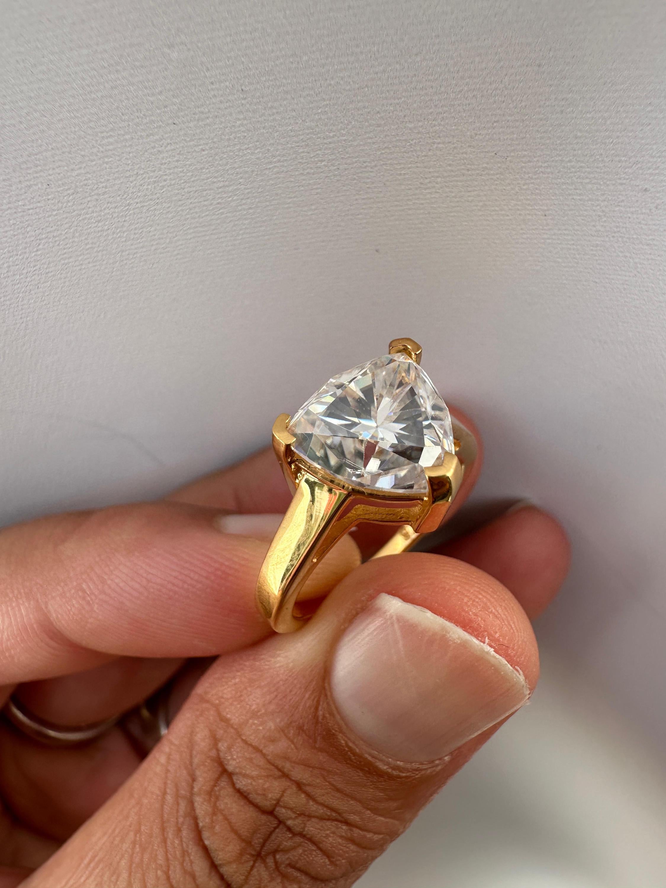 3 Carat Trillion Moissanite Engagement Ring, 14K Yellow Gold Modern Statement Ring