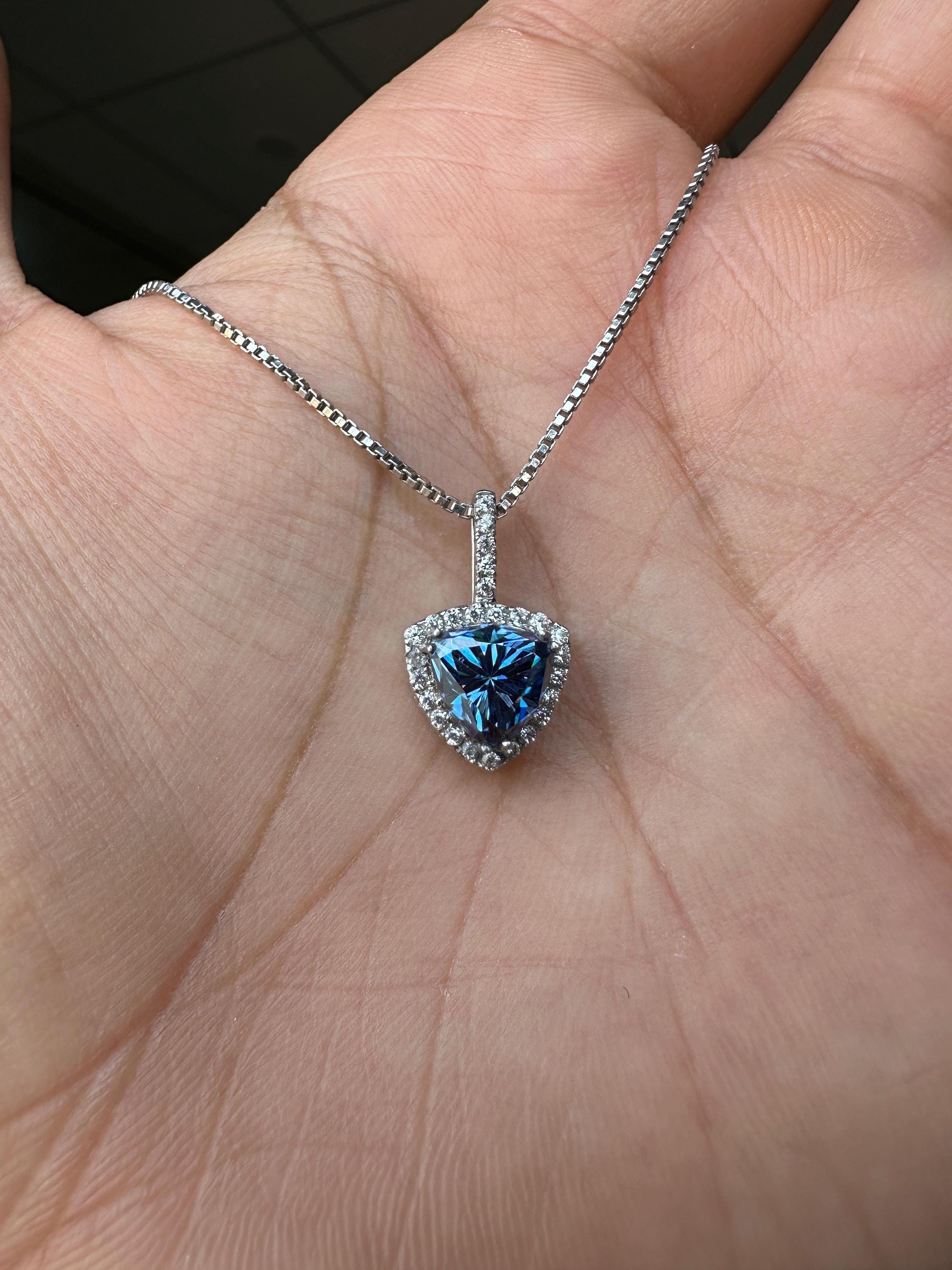 Blue Trillion Moissanite Halo Pendant | 925 Sterling Silver Necklace