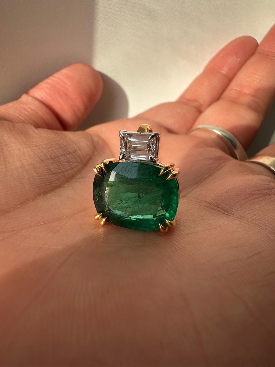 10 CT Lab Emerald Cushion Cut Pendant, Moissanite Accent, Sterling Silver Snake Chain