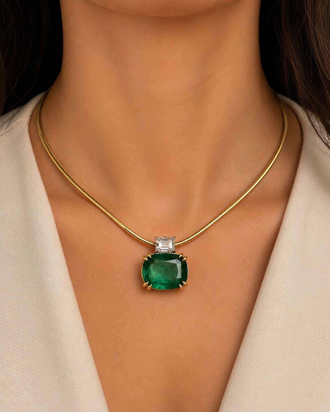 10 CT Lab Emerald Cushion Cut Pendant, Moissanite Accent, Sterling Silver Snake Chain