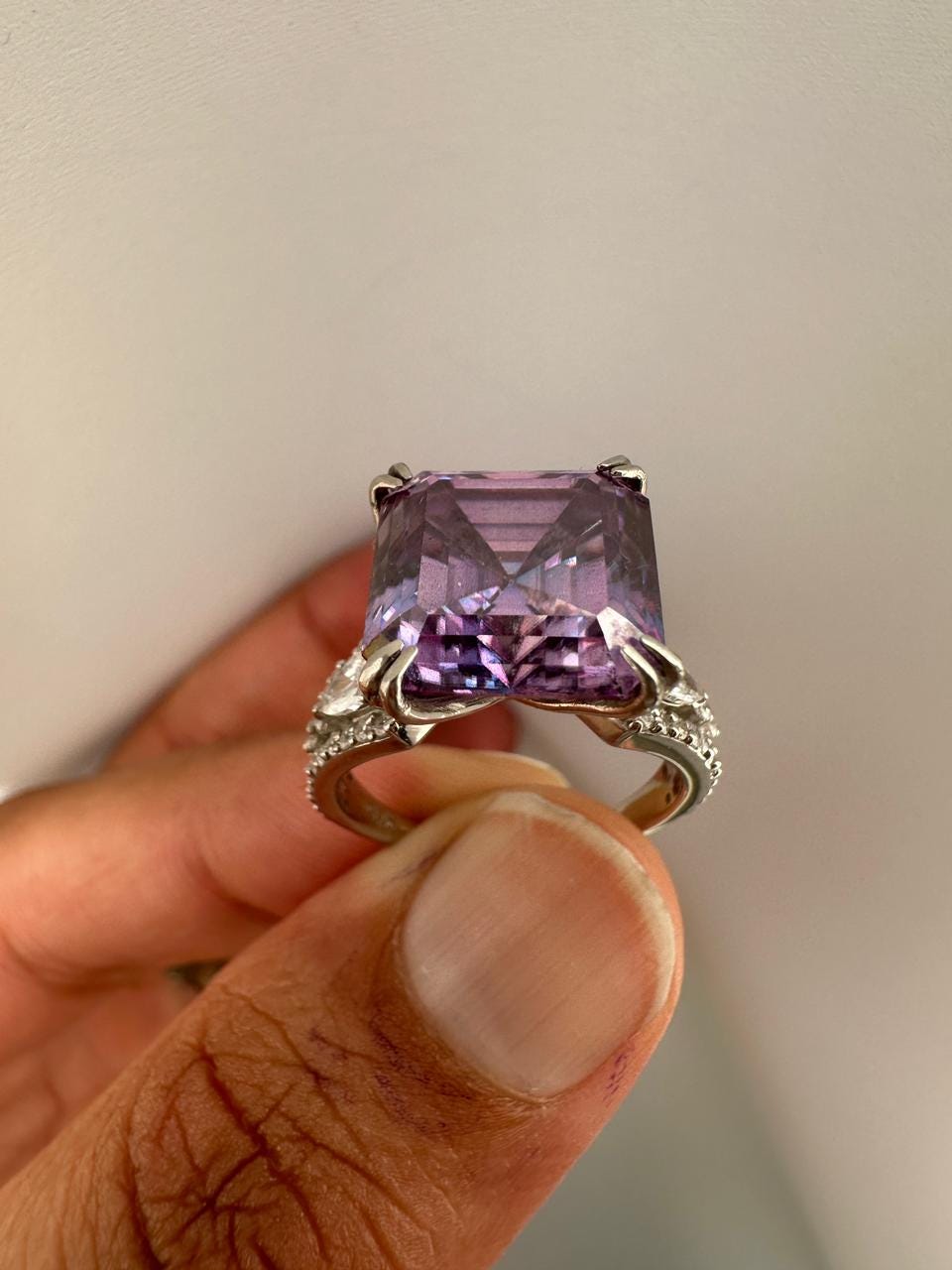 Lavender Asscher Moissanite Ring, 10 CT Luxury Engagement Ring 14k White Gold