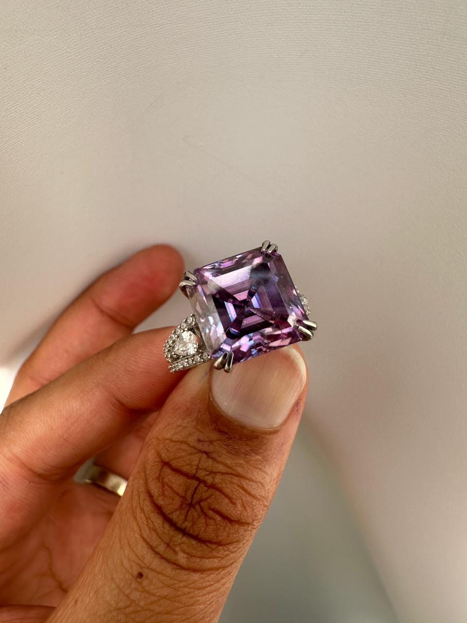 Lavender Asscher Moissanite Ring, 10 CT Luxury Engagement Ring 14k White Gold