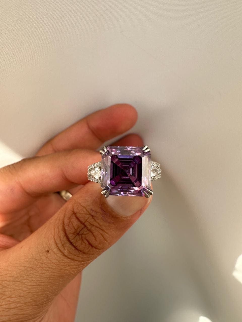 Lavender Asscher Moissanite Ring, 10 CT Luxury Engagement Ring 14k White Gold