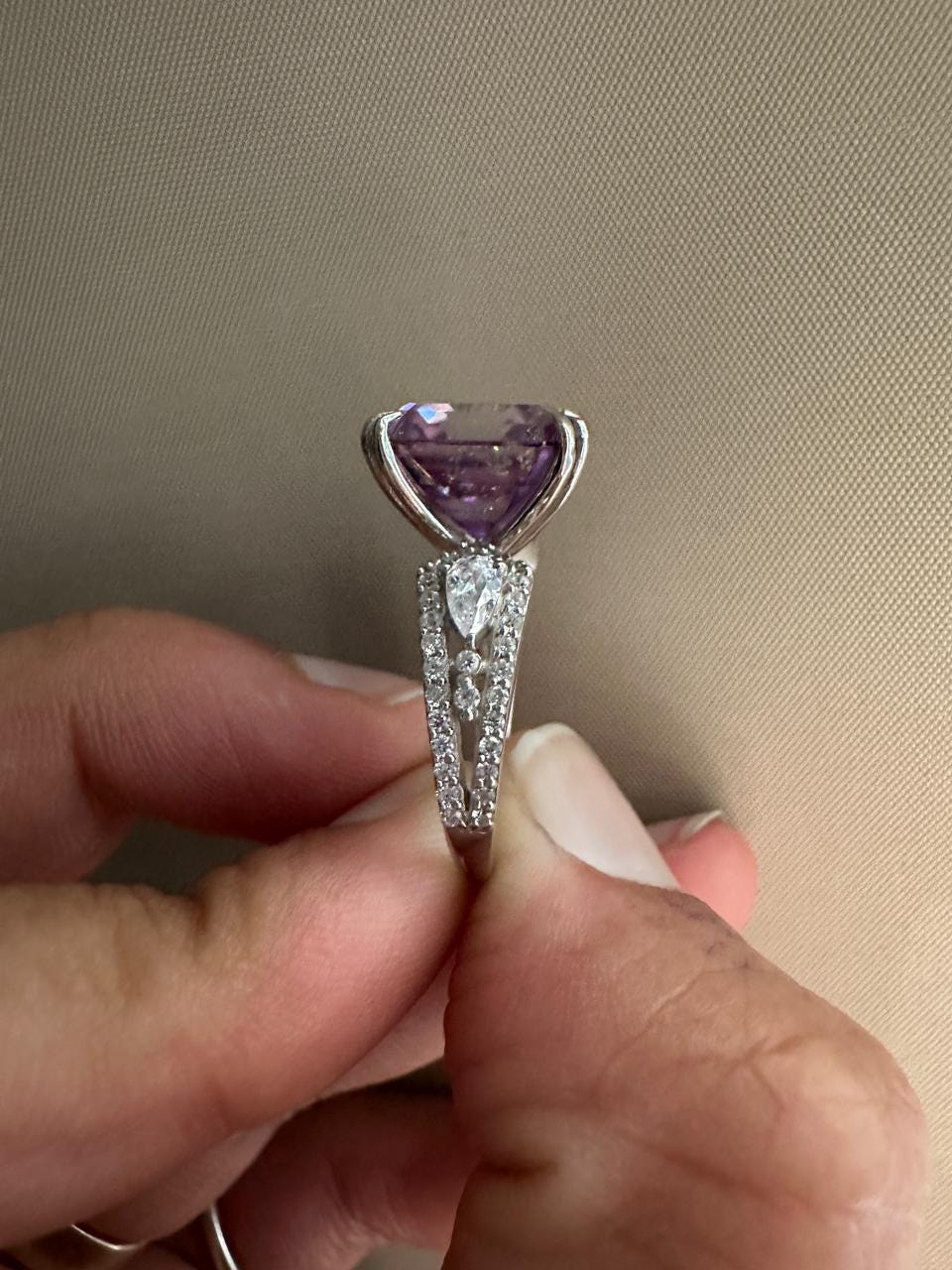 Lavender Asscher Moissanite Ring, 10 CT Luxury Engagement Ring 14k White Gold