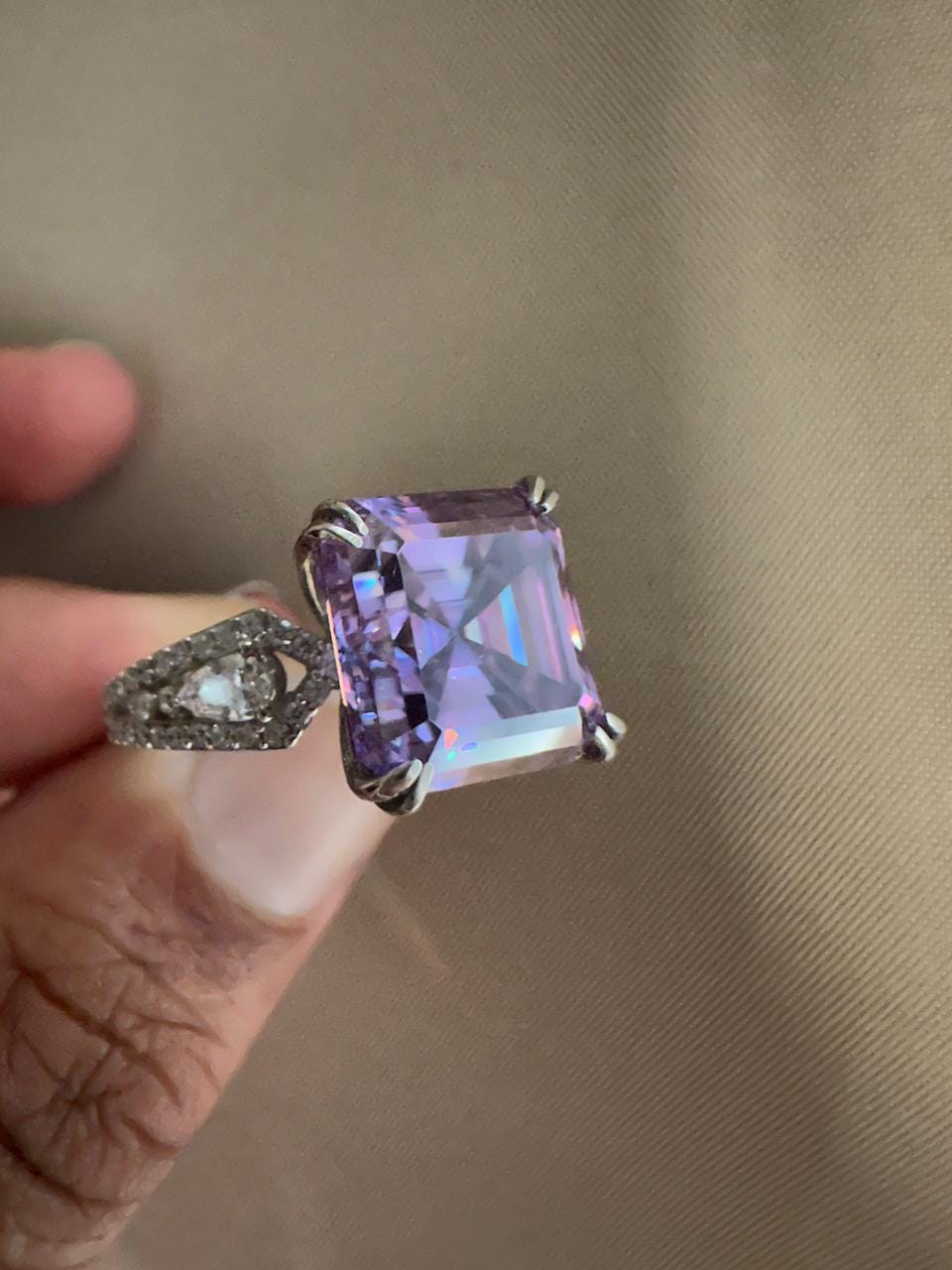 Lavender Asscher Moissanite Ring, 10 CT Luxury Engagement Ring 14k White Gold