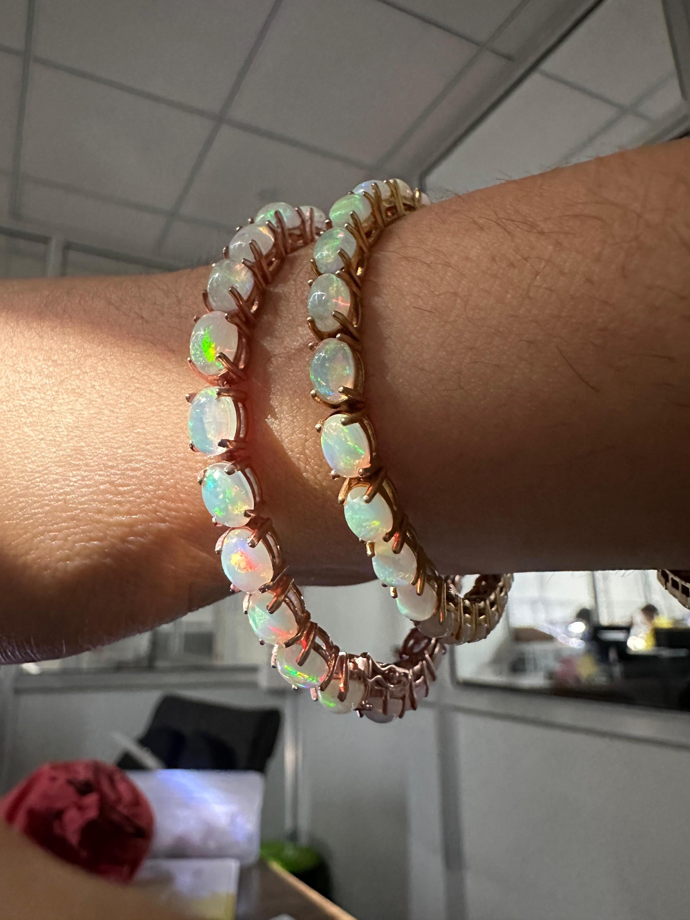 His & Hers Opal Tennis Bracelet Set, Luxury Couple Jewelry in Gold Finish, October Birthstone