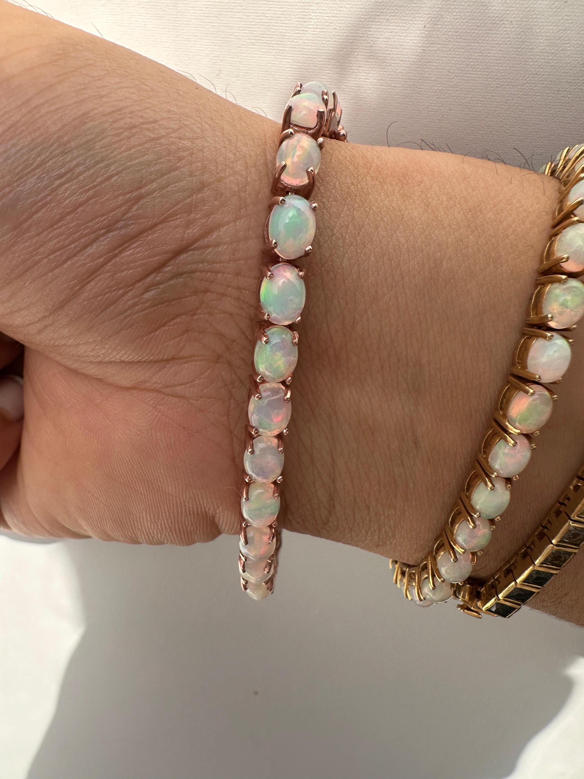 20 CT Ethiopian Opal Tennis Bracelet, Rose Gold Vermeil, Oval Gemstone Jewelry